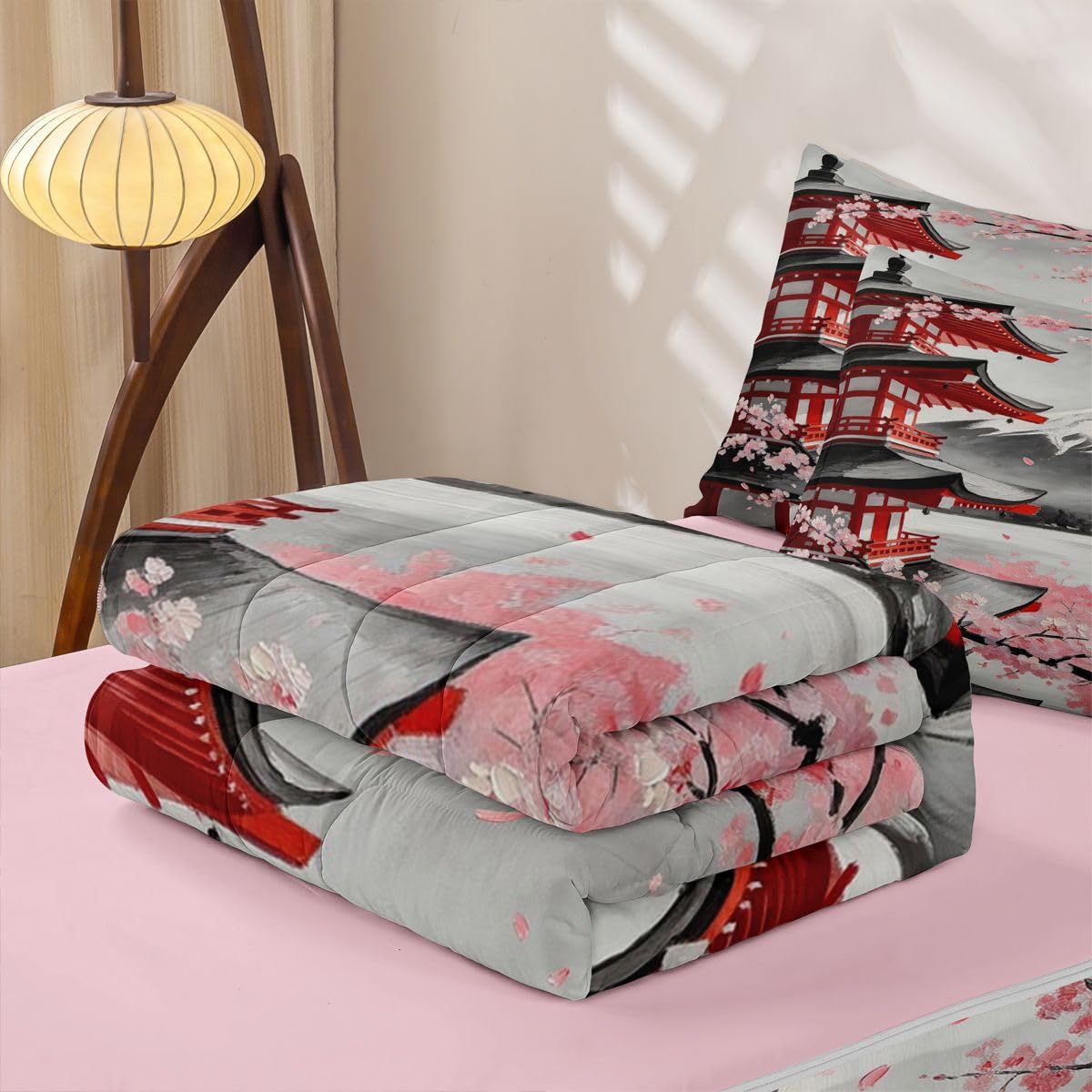 Erosebridal Japanese Cherry Blossom Kids Bedding Set Full Pavilions Mount Fuji Zipper Comforter Set for Boys Girls Teen Pink Sakura Floral Zip Up Bedding Oil Painting Bed in a Bag Set