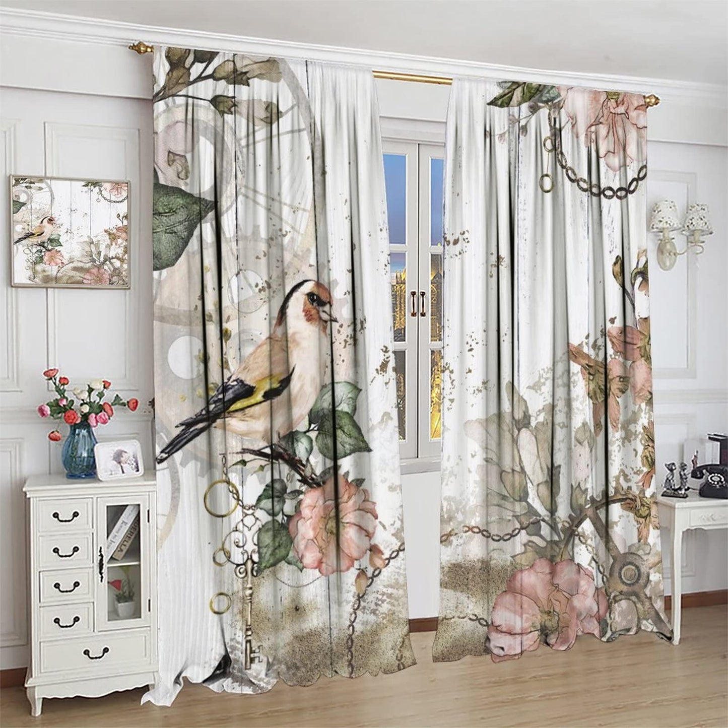 Floral Bird Window Curtains,Vintage Rustic Farmhouse Spring Flower Wooden Background Window Treatments Curtains for Living Room Bedroom Kitchen Bathroom W42xL45in
