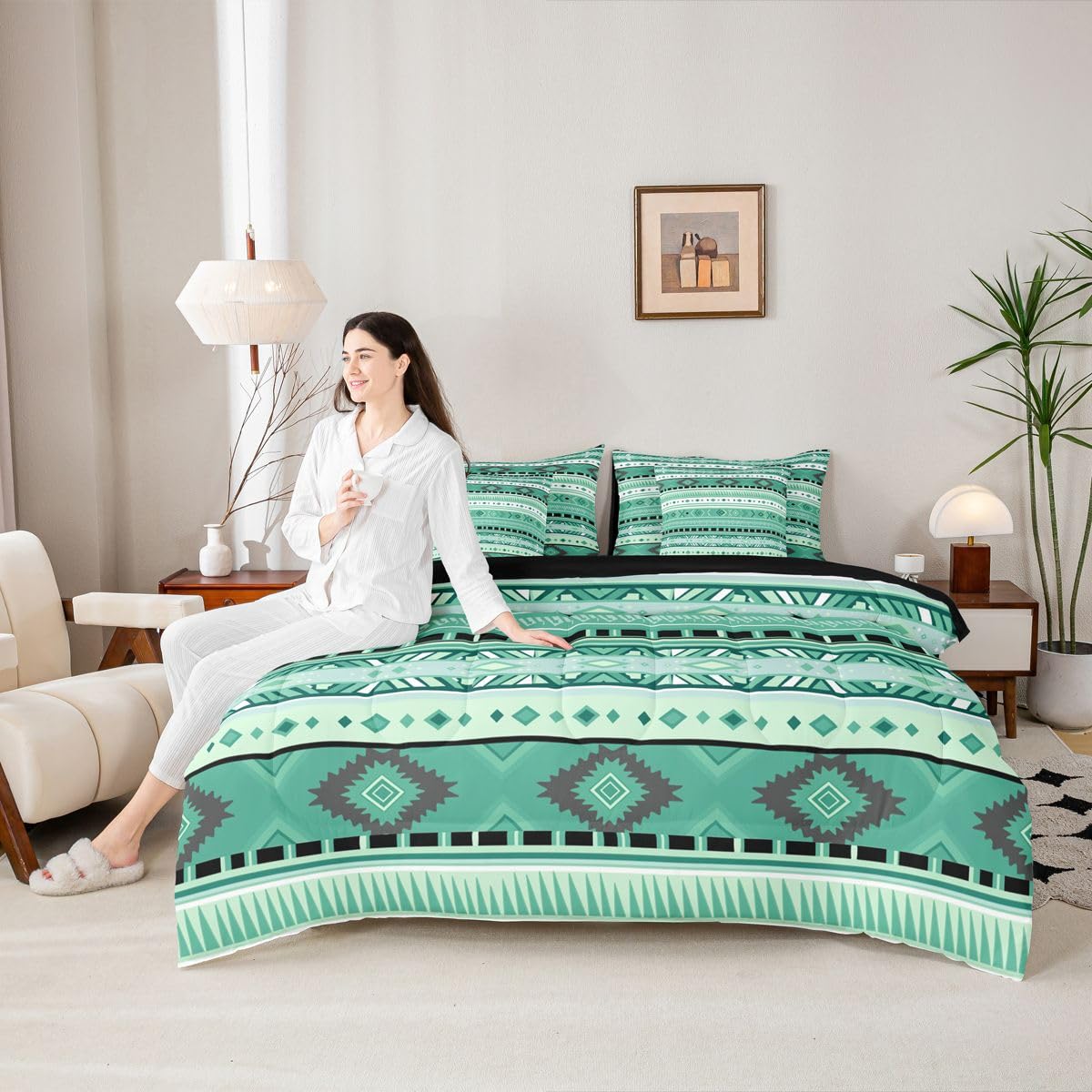 Erosebridal Southwestern Farmhouse White Green Aztec Full Comforter Set 7 Pieces | Bohemian Cowboy Cowgirl Bed in A Bag for Bedroom Tribal Adults Boho Bedding Set with Comforters Geometric Room Decor