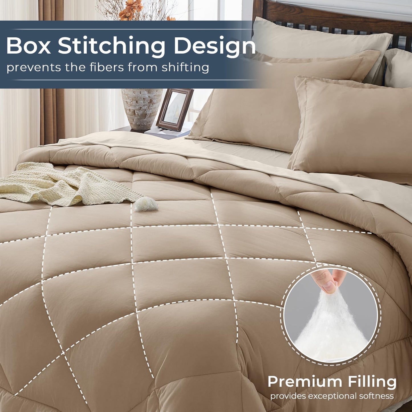 HEVUMYI Khaki & Linen Queen Comforter Set - 7-Piece All Season Bed in a Bag Queen, Ultra Soft Bedding Set with Comforter, Flat Sheet, Fitted Sheet, Pillowcases, Pillow Shams