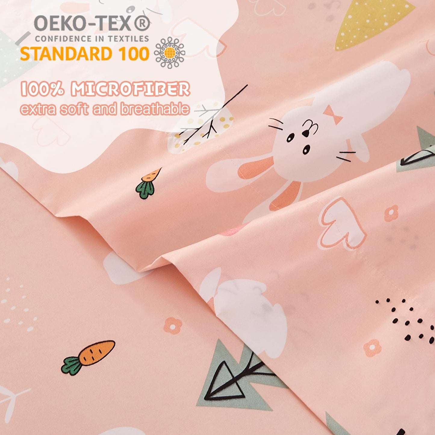 Yibeizi Pink Bunny Twin Sheets Set for Girls, Kids Cute Bedsheets Microfiber Deep Pocket Bed Sheet & Pillowcase Sets 3 Pieces