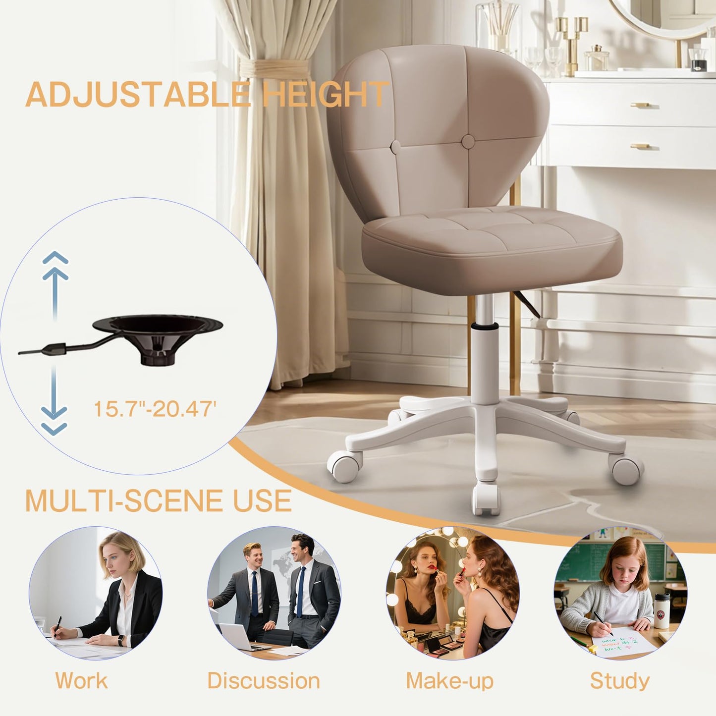 Timbertouch Small Office Chair with Lumbar Support, PU Leather Armless Swivel Desk Chair Adjustable Height, Compact Rolling Chair for Home Office, Bedroom, Study Khaki