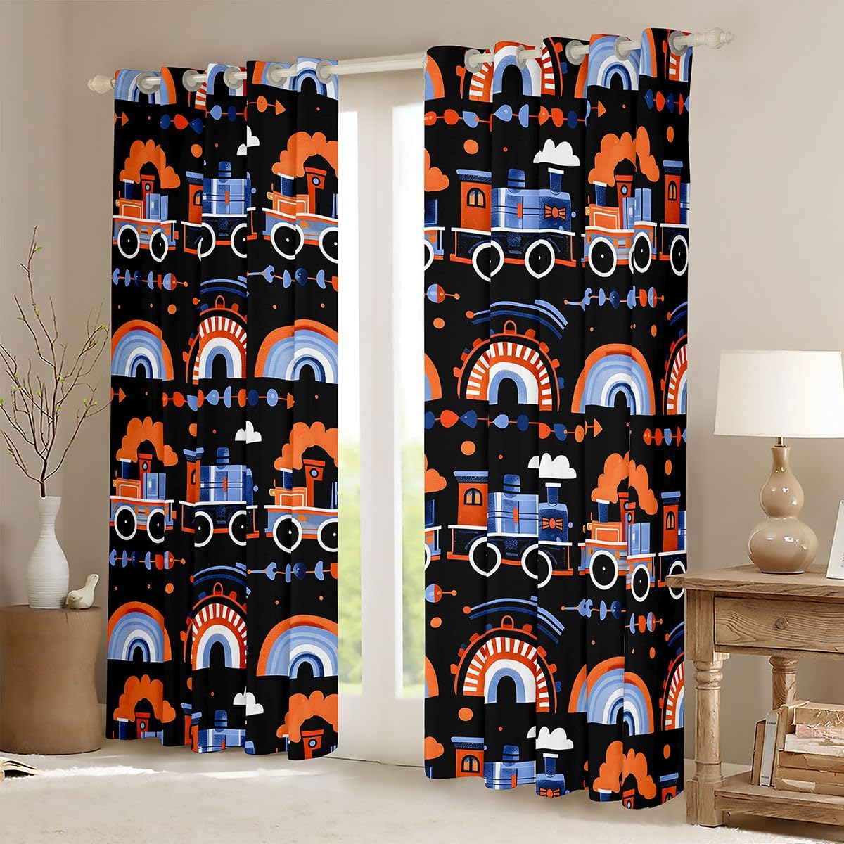 Feelyou Train Curtains for Bedroom Living Room Industrial Revolution Blackout Shades Steam Engine Room Darkening Curtain Cartoon Train Transportation Window Treatments, 2 Panels 38 x 45 Inch Decor