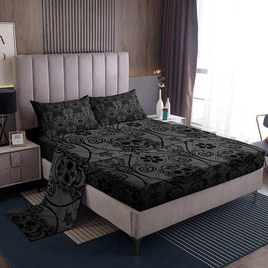 Feelyou Adults Black Vintage Damask Floral Sheet Set Oriental Antique Sheets with Deep Pocket Fitted Sheet Full Size Exotic Sugar Skull Rose Bed Sheets Set Gothic Bohemia Boho Bedding Set 4Pcs