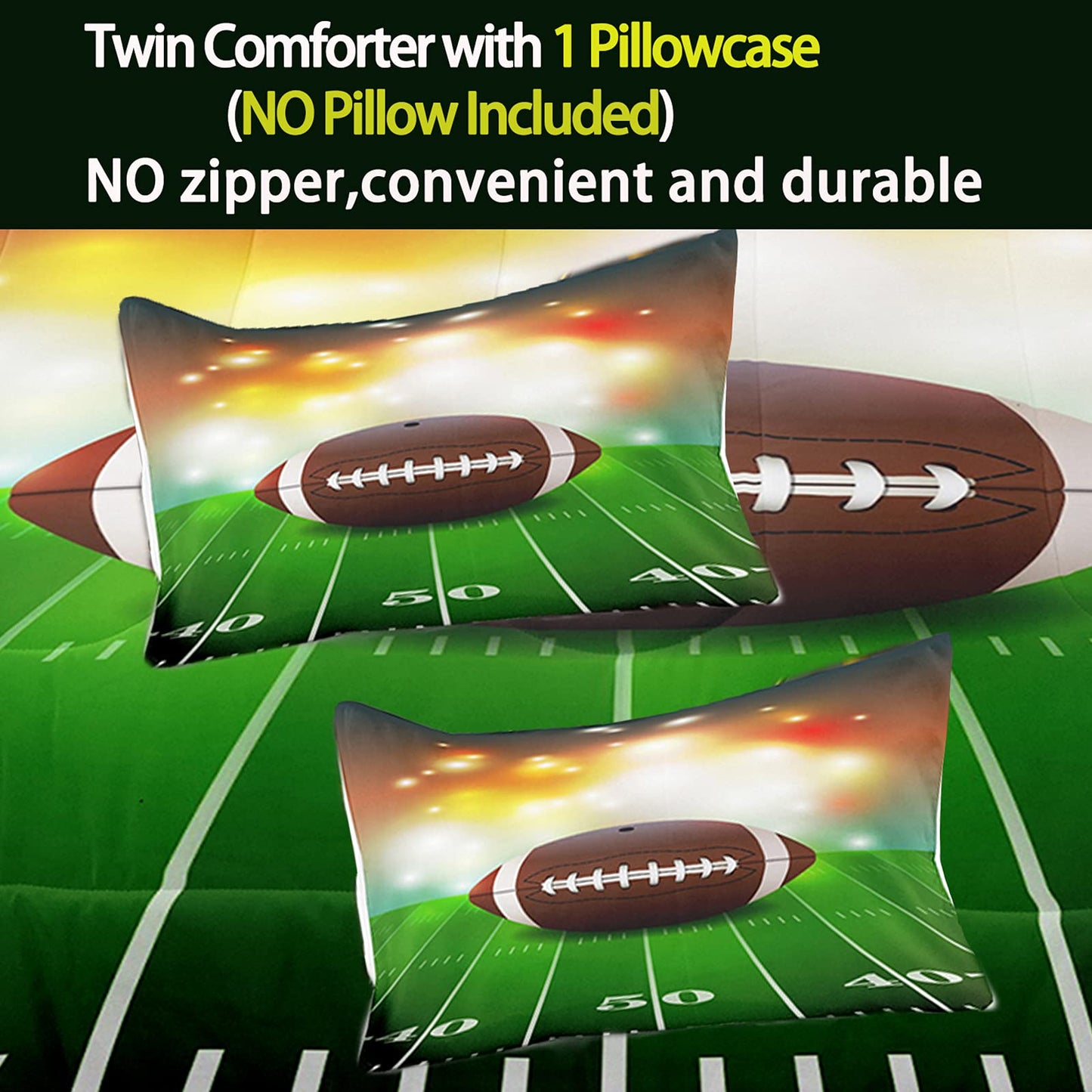 Bodhi Football Comforter Set Queen for Boys Kids Green Rugby Field Bedding Set with Fire Comforter and Pillowcase, Soft Sports Quilt, Queen Size #4011