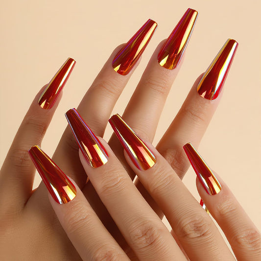 ROFIBUT 24PCS Chrome Press on Nails Fluorescent Holographic Coffin False Nails Laser Mirror Metallic Arts Long Ballerina Glue on Nails Laser Holographic Coffin False Nails Mirror