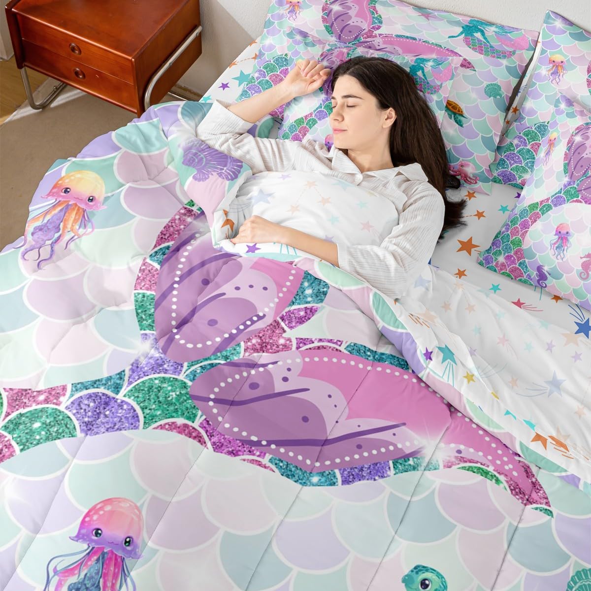 Ocean Mermaid Queen Comforter Set with Sheets | Nautical Sea Animal Kawaii 7 Piece Bedding Set Mermaid Gifts for Girls Jellyfish Sea Turtle Bed in a Bag, Glitter Sequins Print Fish Scale Room Decor