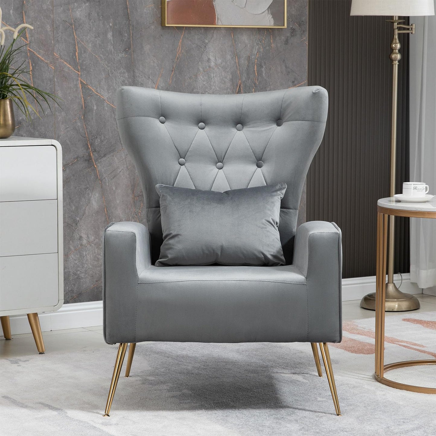 X-VOLSPORT Button-Tufted Velvet Accent Chairs Set of 2, Mid Century Modern Living Room Chair with High Wingback, Upholstered Arm Chair with Metal Gold Legs for Bedroom, Club, Gray