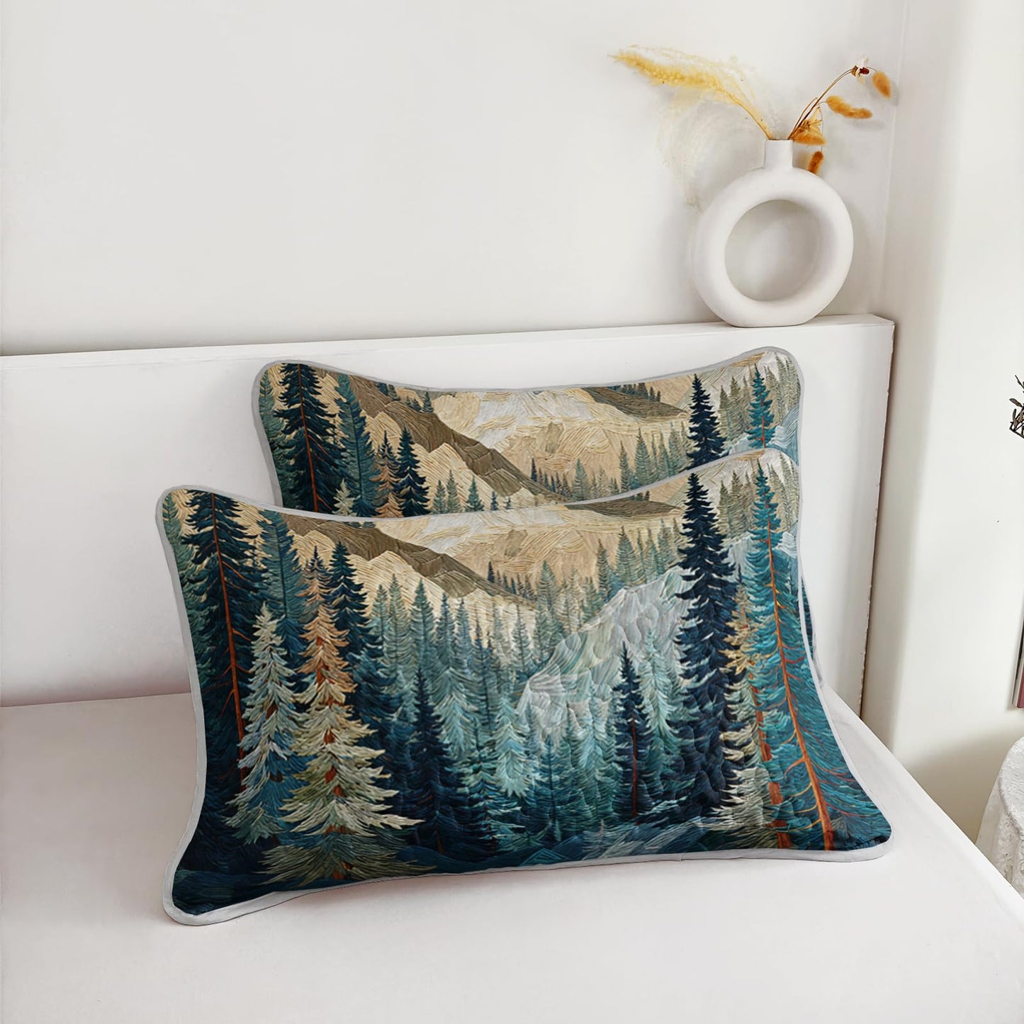 AILONEN Queen Bedspread Coverlet,Mountain Forest Pine Tree Textured Landscape Blue Green Bedding Quilt,2 Pillowcases,Lightweight Microfiber