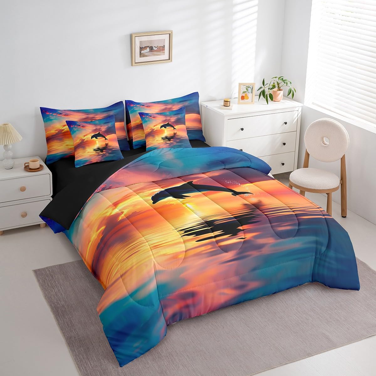 Erosebridal 7 Pcs 3D Dolphin Bedding Sets Blue Ocean Quilt with Flat Fitted Sheet Twin Coastal Animals Bed in A Bag Sunrise Ocean Landscape Comforter Set