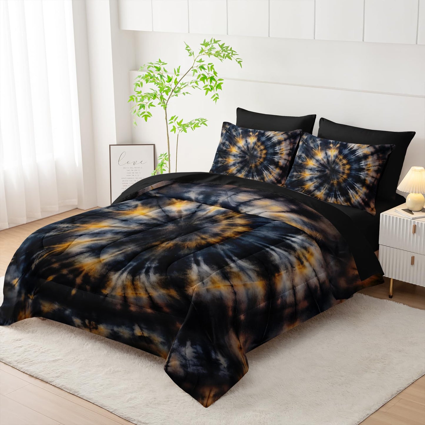 Nttopship Dark Tie Dye Comforter Set Full Bedding Sets 7PCS,Abstract 7 Piece in A Bag Tie Dye Bedding Set 7 Piece in A Bag,Bed Sheet Set Yellow Fission Graffiti Microfiber Lightweight All Season
