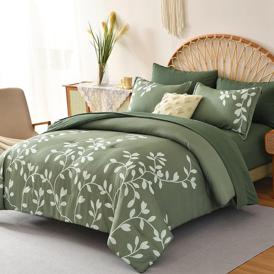 METAHOTS Queen Size Comforter Set - 7 Piece Floral Botanical on Green Comforter Sets with Sheets and Pillows, Soft Lightweight Microfiber Bedding Set for All Season(90"X90")