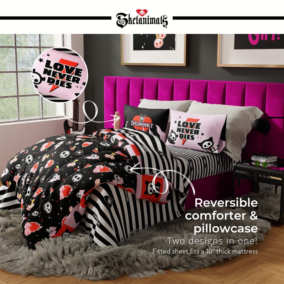 Skelanimals Bedding 5 Piece Twin Bed Set, Soft Checkered Comforter and Sheet Set with Sham, Kit The Cat, (Officially Licensed Product) by Franco Collectibles