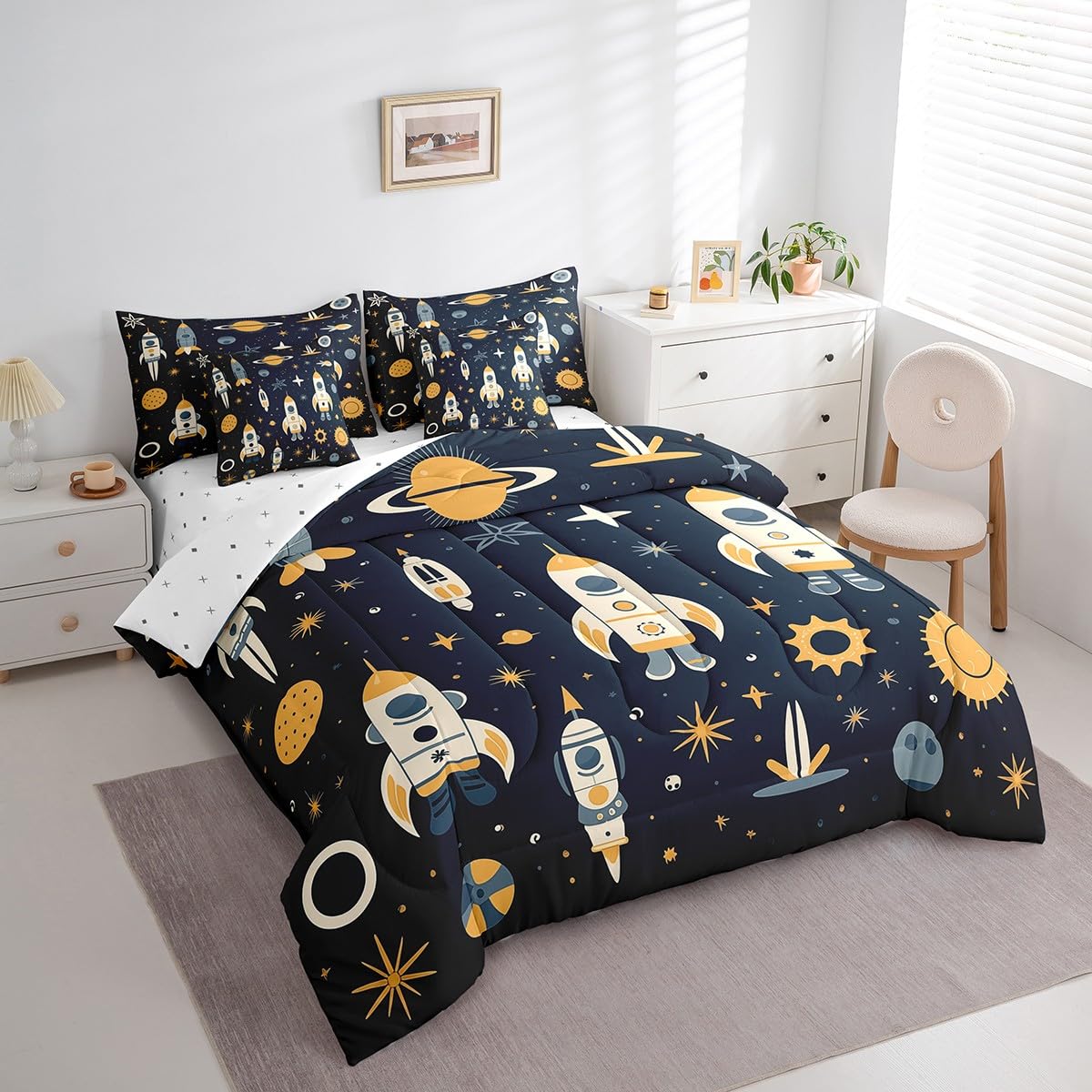 Erosebridal Solar System Full Comforter Set 7-Piece Universe Stars Bedding Sets,Rocket Bed in A Bag for Kids Cartoon Planets Style Bed Sheets Set Lightweight Soft Room Decorative,for All Season