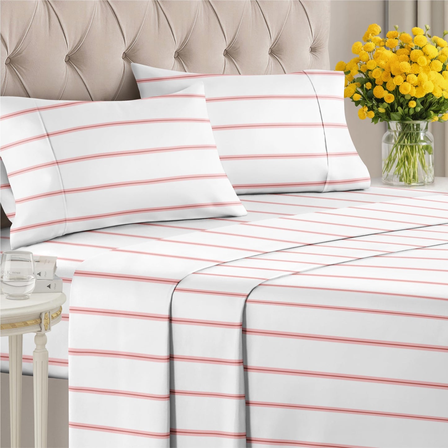 Striped Sheets - Red & White Striped Sheets - 1 Flat & 1 Fitted & 2 Pillowcases w/ Deep Pockets – Wrinkle & Fade Free - Ultra-Soft, Breathable & Cooling – Luxury Pinstripe Bedding - Queen Size Bed Set