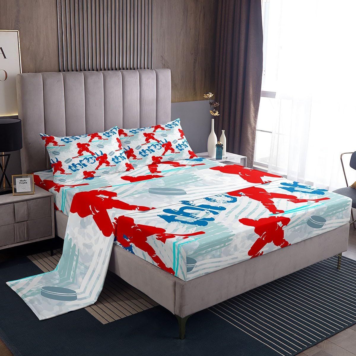 Ice Hockey Kids Sheet Full Size,Winter Event Ball Sport Game Bedding Set for Boys Adults,Athlete Silhouette Graffiti Red Blue Stylish Bed Sheet Set 4pcs(Fitted Sheet + Flat Sheet + 2 Pillowcases)