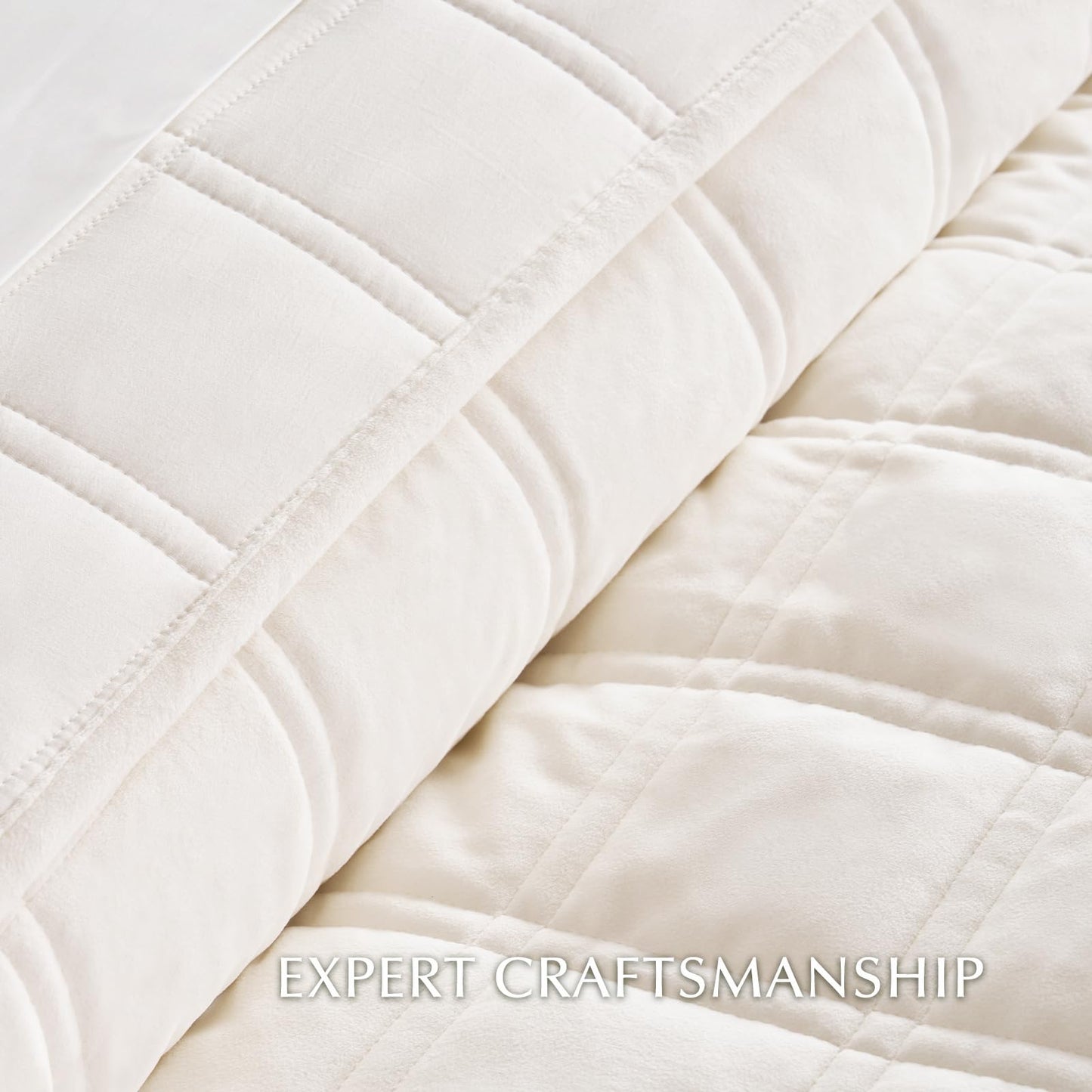 EVERGRACE 3 Pieces Luxurious Velvet Quilt King Size, Ultra Soft Bedspread Coverlet Set, Double Box Stitch Lightweight Velvet Comforter for All Season with 2 Shams, Cream White, 108"x96"