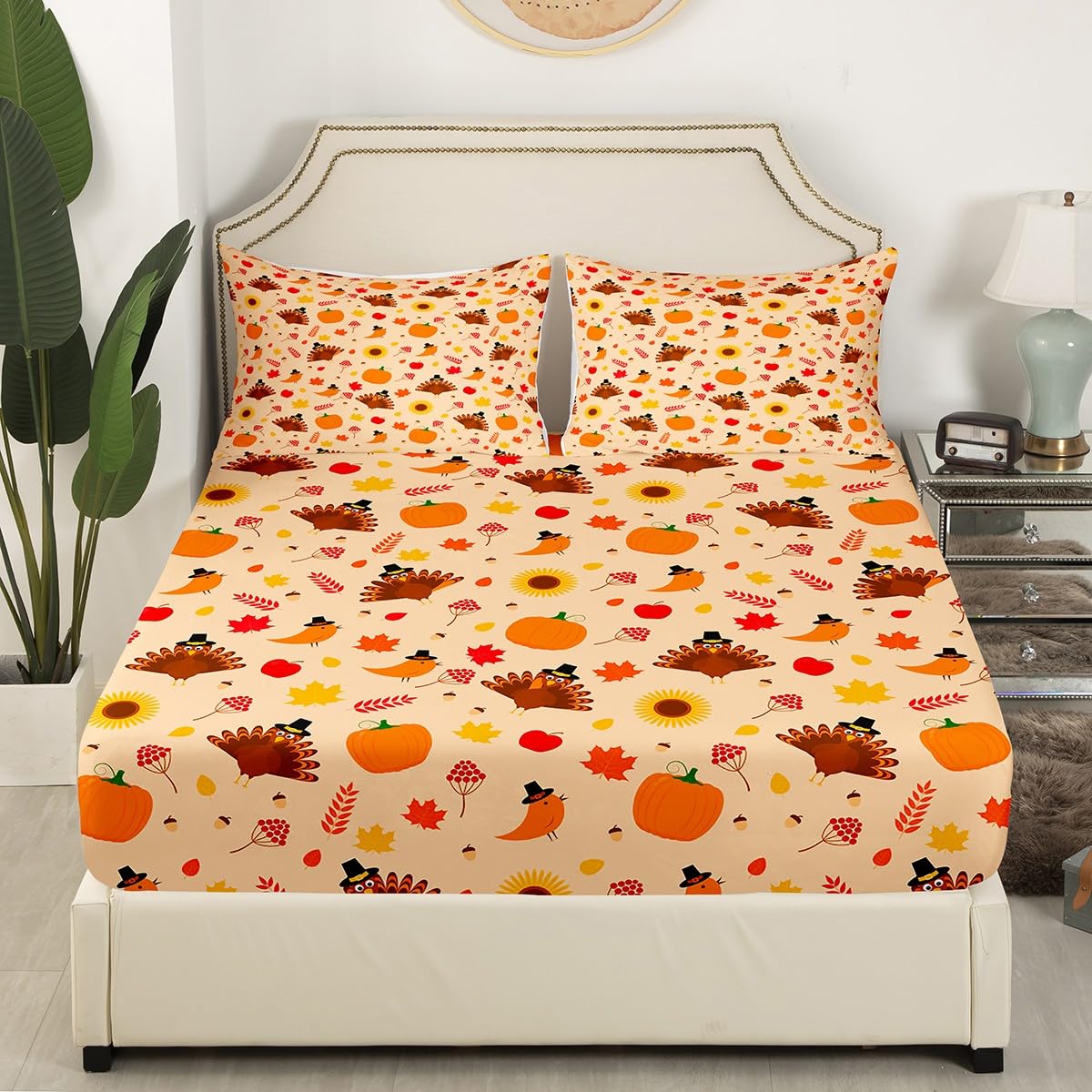 Happy Thanksgiving Fitted Sheet Full, Cartoon Turkey Bedding Set Fall Leaves Bed Sheet Set for Kids Boys Girls Pumpkin Bed Cover Harvest Season Bed Set 3Pcs (2 Pillow Cases and a Fitted Sheet)