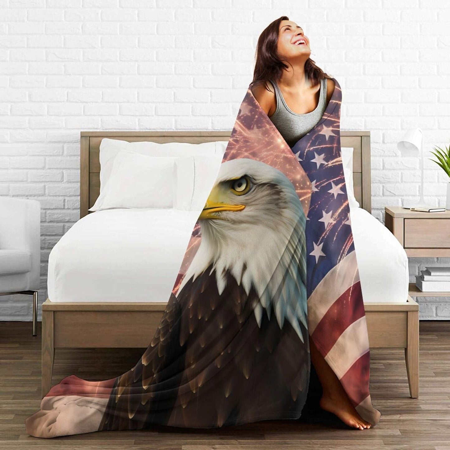 American Flag Ultra-Soft Flannel Throw Blankets, Firework Eagle Blanket for Bed Couch Sofa, All Seasons Home Camper Travel 60"x50"