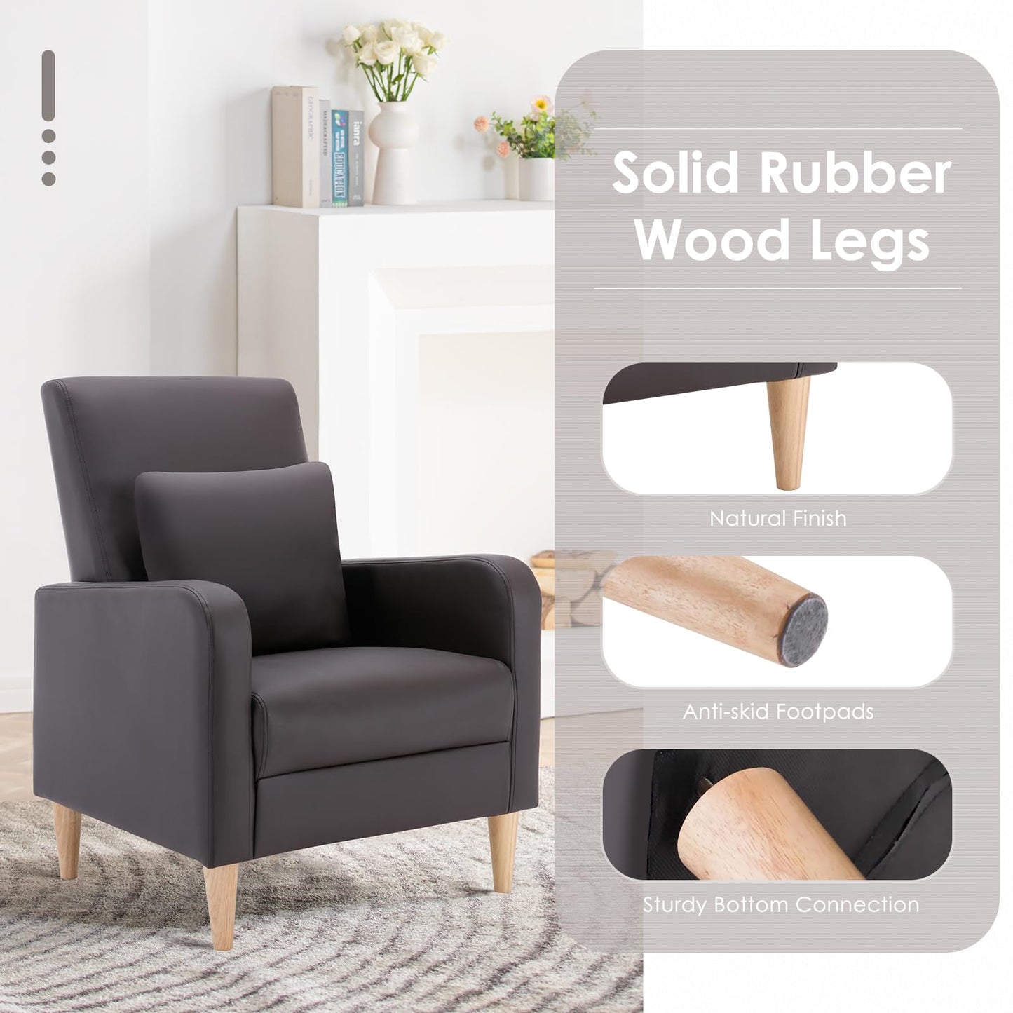 COLAMY Mid-Century Modern Accent Chairs Set of 2, Faux Leather Upholstered Living Room Chairs with Back Pillow & Solid Wood Legs, Comfy Armchair for Living Room, Bedroom, Single Sofa, Dark Brown