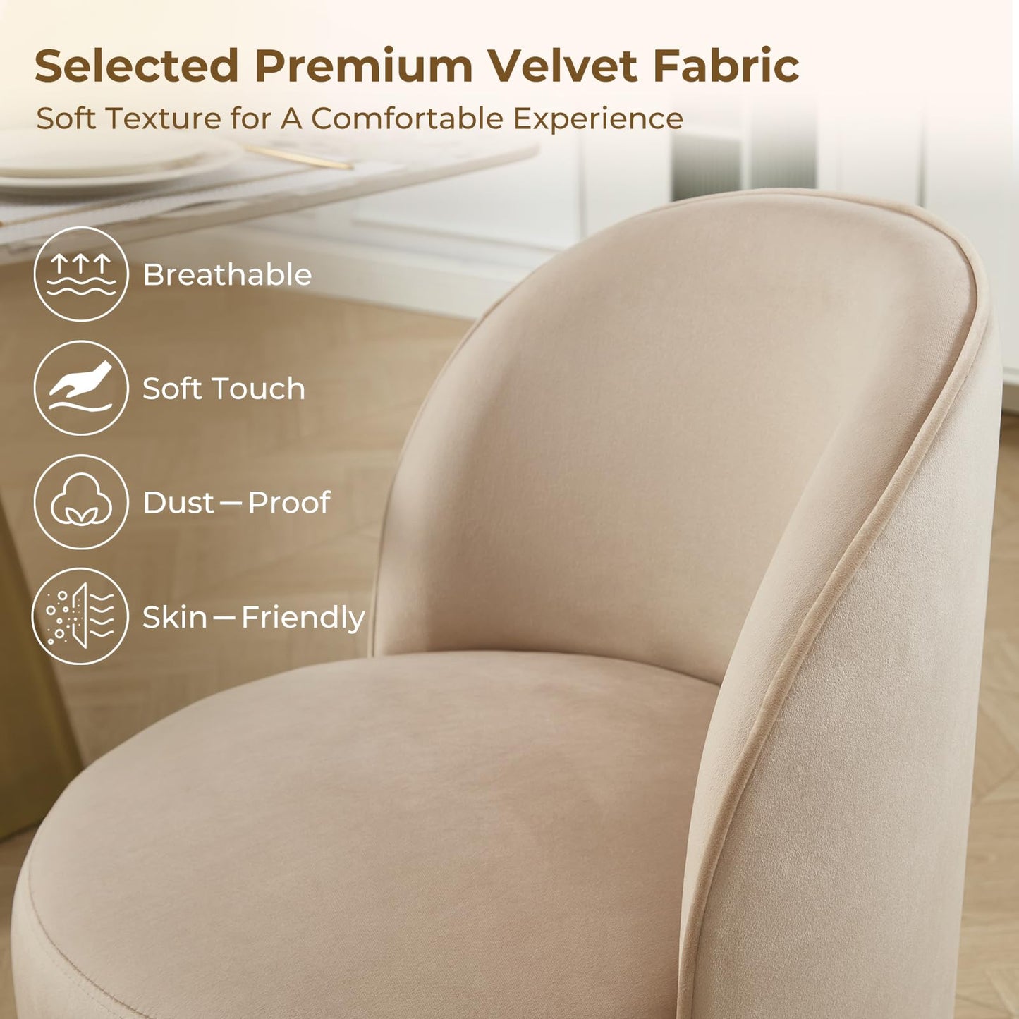 Orirsnug Modern Swivel Dining Chair Set of 1，Velvet Upholstered Swivel Barrel Chair with 360° Rotation, Comfy Round Armless Accent Vanity Side Chair for Kitchen/Dining Living Room/Bedroom, Khaki