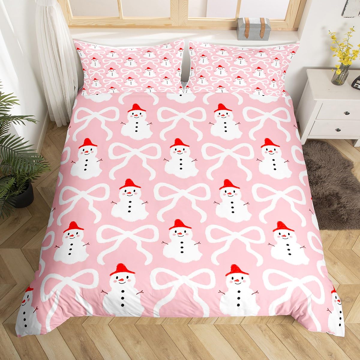 Xmas Snowman Bedding Sets Twin Size,Cartoon Bow Print Duvet Cover Set 2Pcs for Kids Girls Boys Adult Room Decor,Santa's Hat Snowman Comforter Cover Pink Christmas Quilt Cover,1 Pillowcase