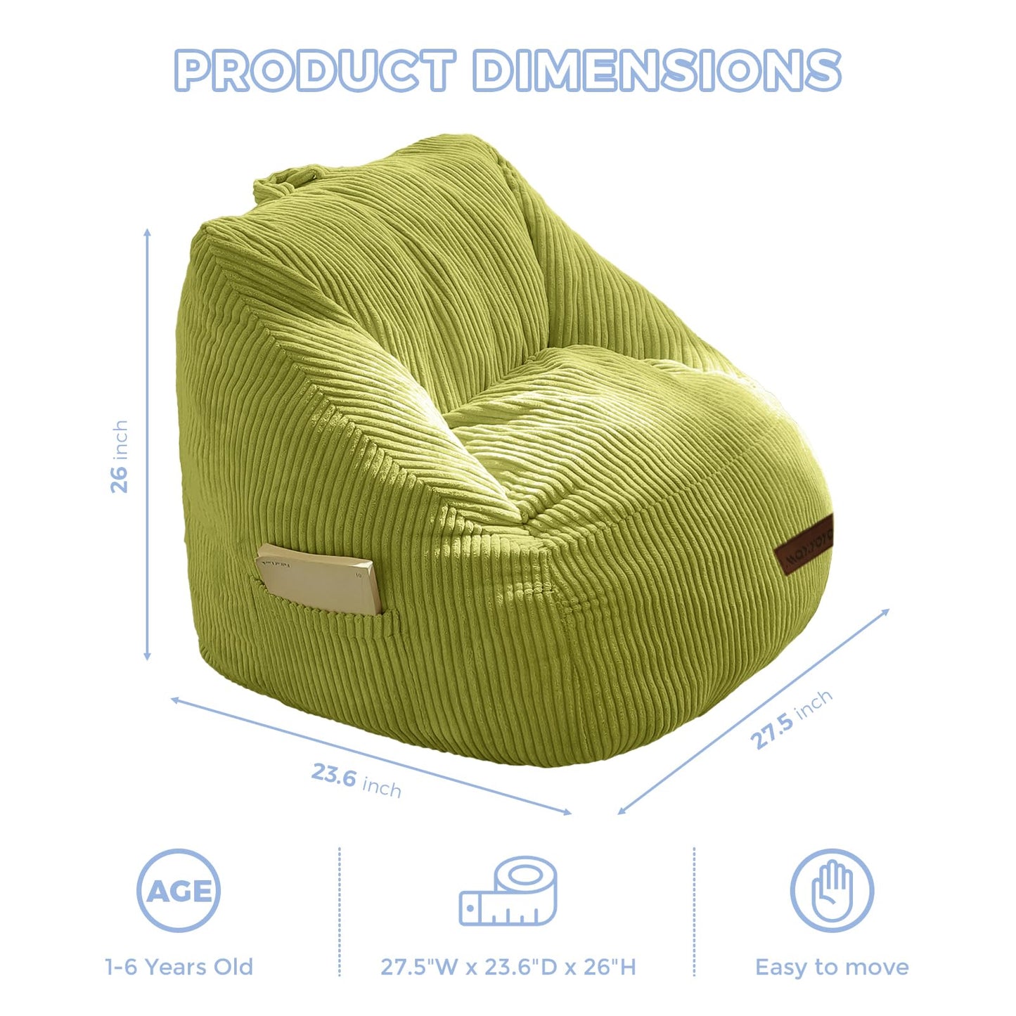 MAXYOYO Kids Bean Bag Chair, Bean Bag Couch with Handle, Comfy Toddler Chair for Boys and Girls, Accent Sofa Chair with Pocket for Gaming Reading Relaxing, Green