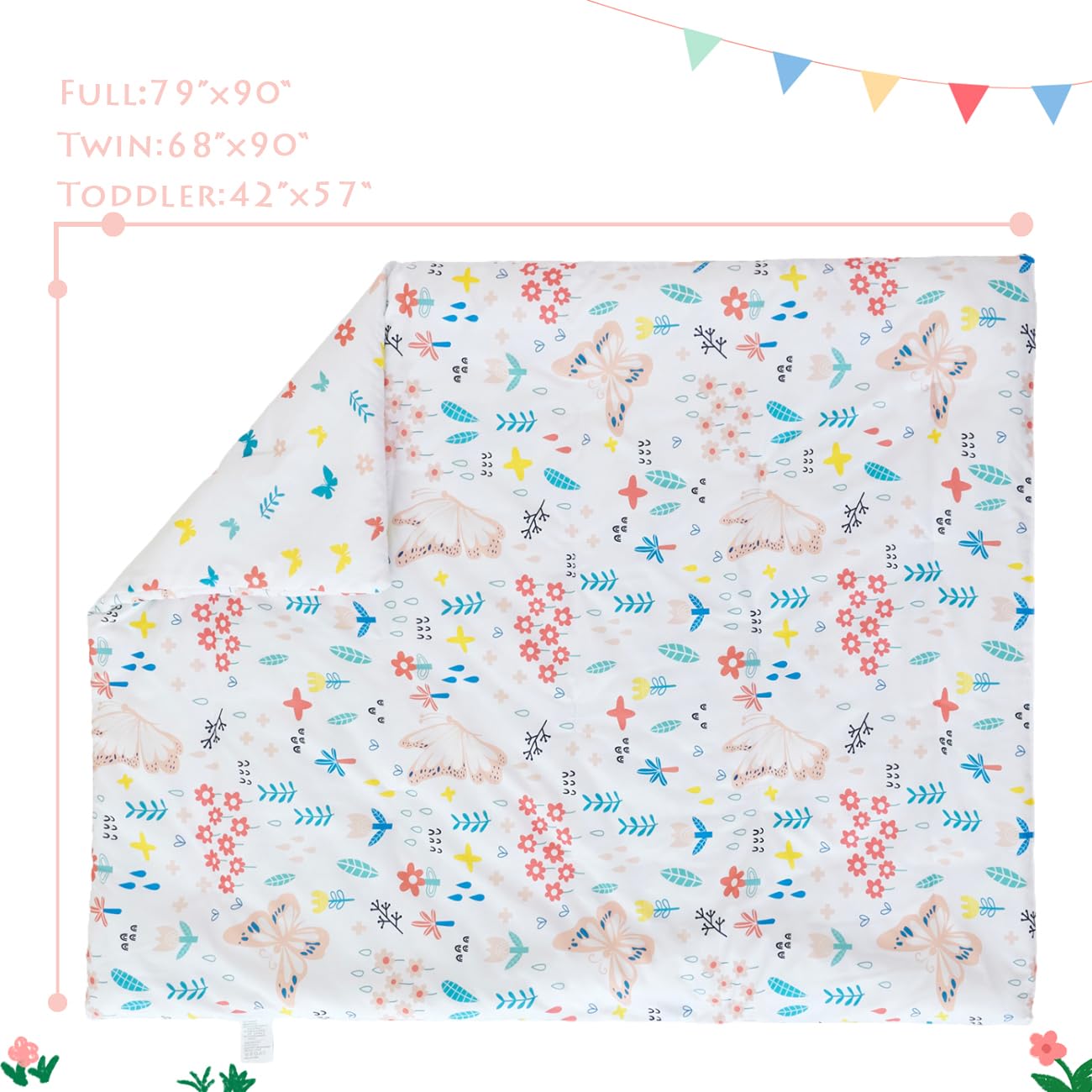 PERFEMET Girls Toddler Bedding Colorful Flower Blossom Comforter Set Butterfly Print Toddler Bedding Sets Ultra Soft Lightweight Bed-in-A-Bag for Toddlers(4 Pieces, White)