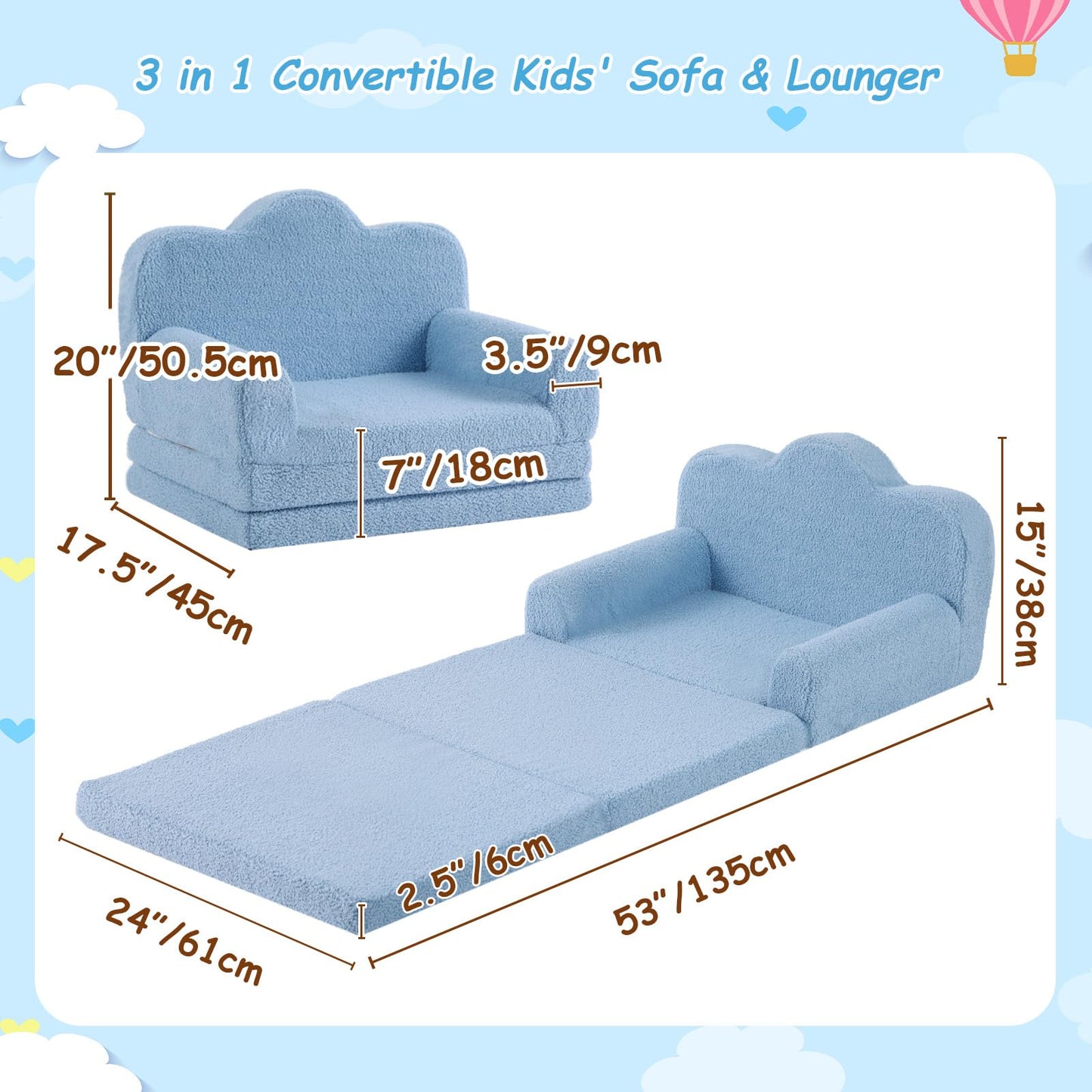 Tiita Kids Sofa, 2-in-1 Soft Toddler Couch Fold Out, Cloud-Like Comfy Couch Toddler Reading Chair with Carrying Handle Washable Cover, Kids Furniture for Boys and Girls