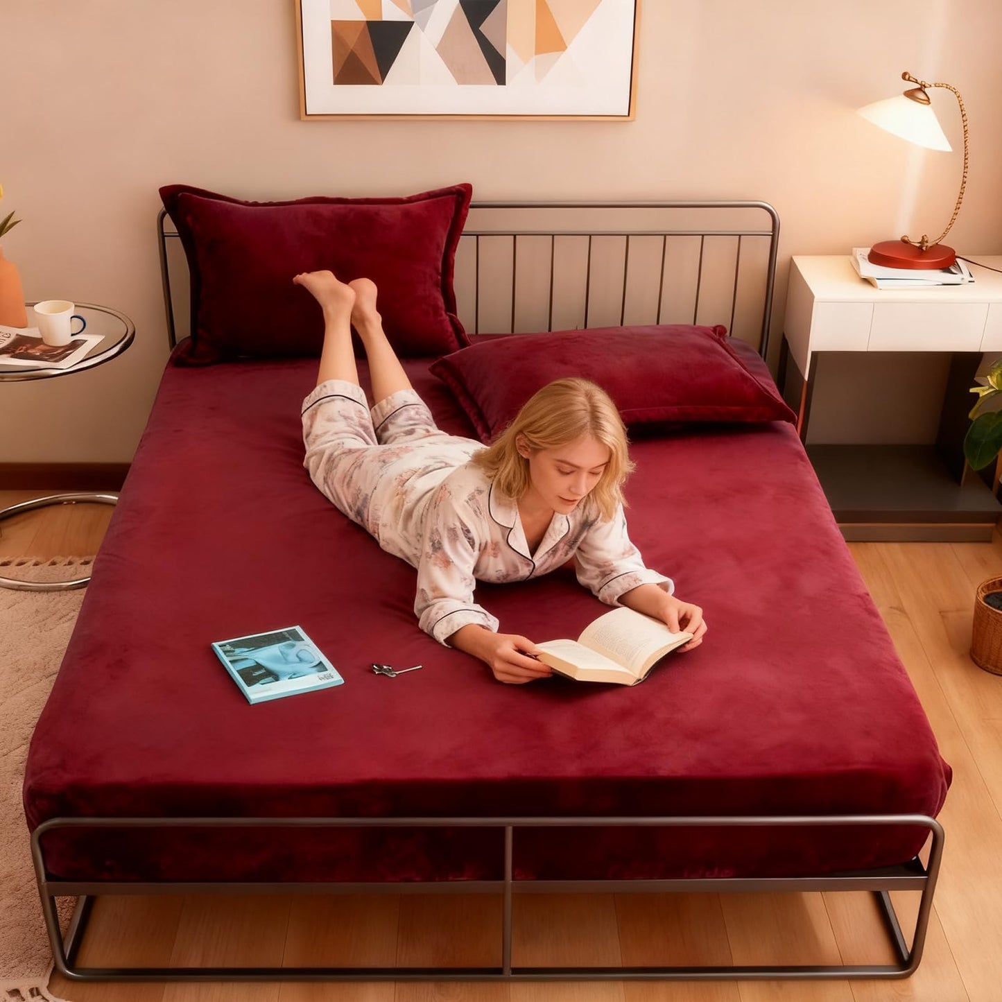MorroMorn Luxury Plush Fleece Fitted Sheet Sets with 20" Deep Pocket for Thick Mattresses 360° Snug Fit Non-Slip, Ultra Soft 3-Piece Bedding Set Cozy Warm for Cold Sleepers (Red, Twin)