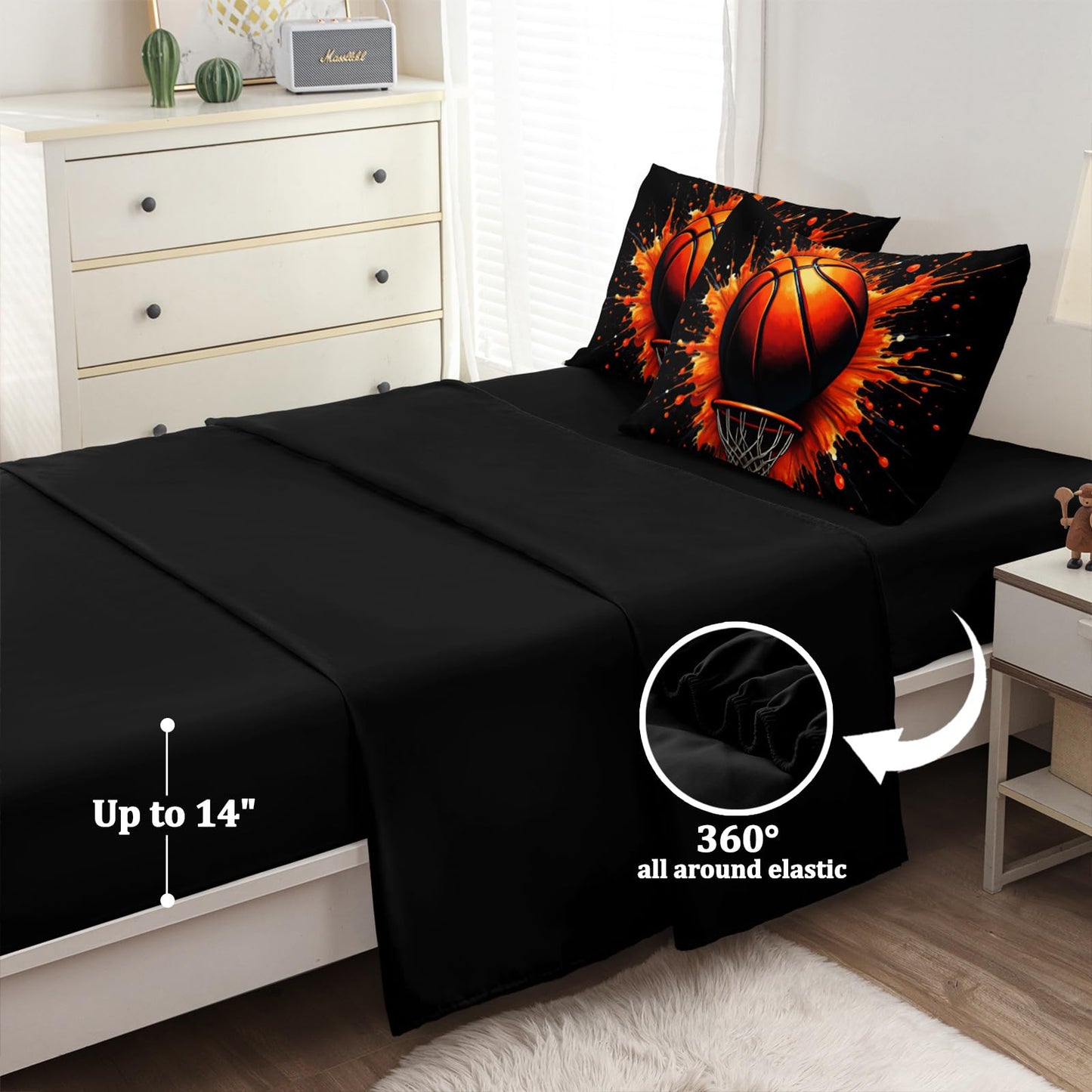 HICAND 5 Pcs Basketball Full Bedding Set for Boys Teens, Full Size Sports Cool Basketball Boys Comforter Set with Sheets