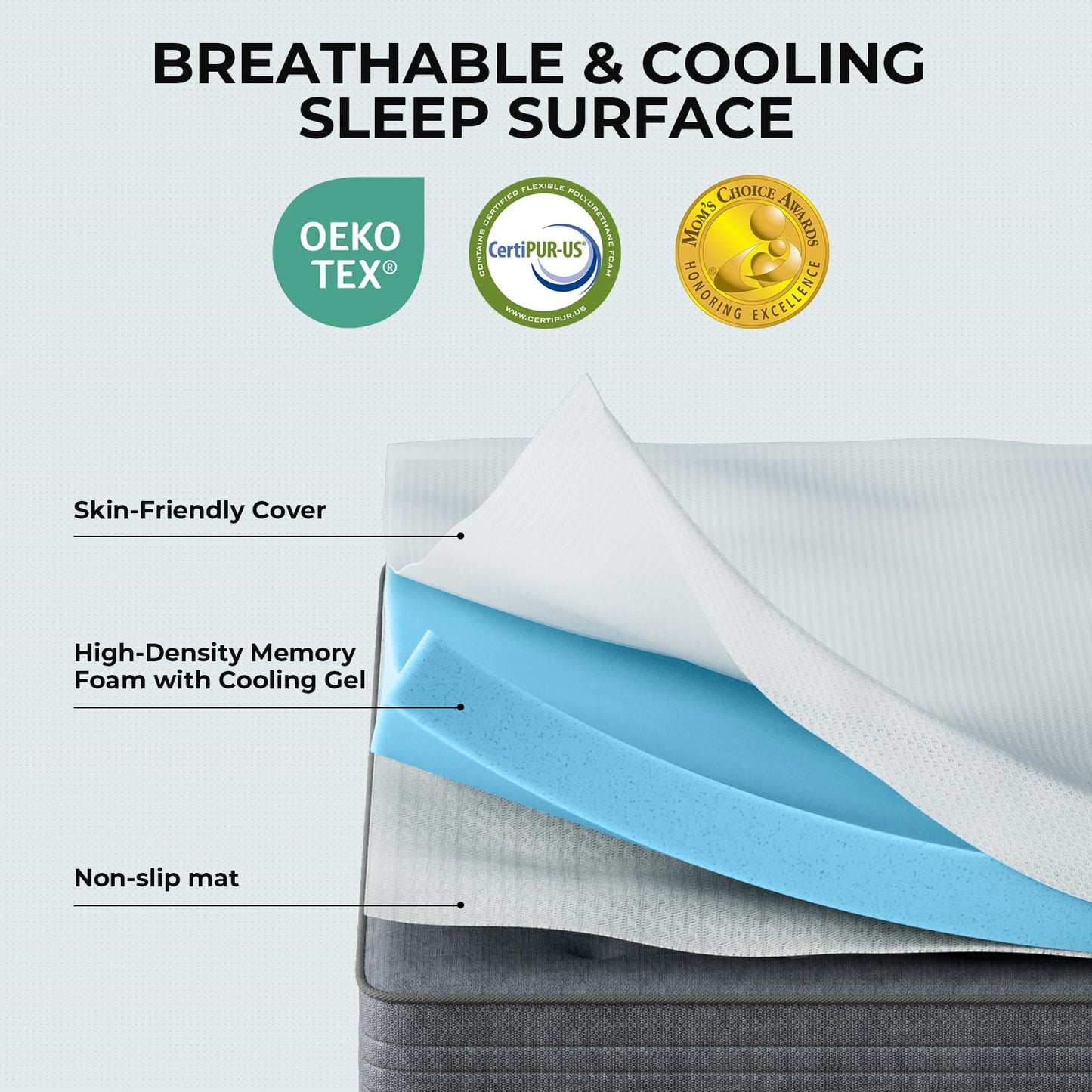 OhGeni 2 Inch Twin Size Memory Foam Mattress Topper Pad with Cover, Soft Bed Cover with Anti-Slip Base, Enhanced with Cooling Gel，Removable & Washable，College Dorm Room Essential