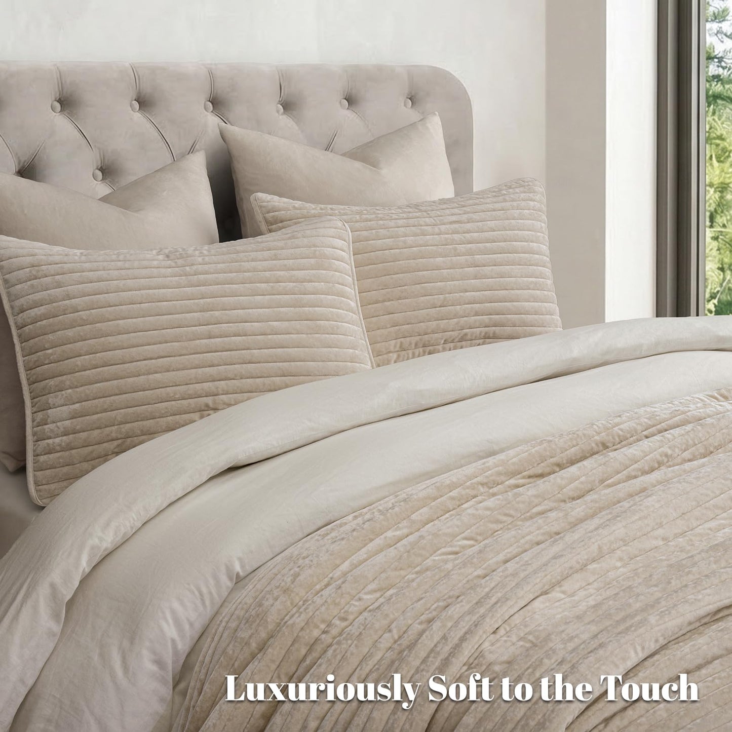 PHF Luxury Velvet Quilt Set Queen Size – 3PCS Ultra Soft Quilted Comforter Alternative with Striped Channel, Cozy Quilted Bedspread, 1 Coverlet with 2 Matching Shams, 90" x 92", Oxford Tan