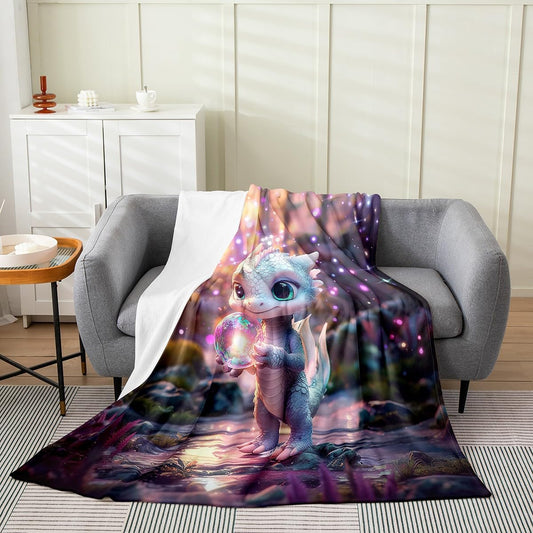 Feelyou Dragon Plush Throw Blanket Queen 90"x90" Cute Flannel Fleece Blanket for Boys Girls Teens Wild Life All Season Bed Blanket Dragon Decor Blanket Room Decor Pink Purple