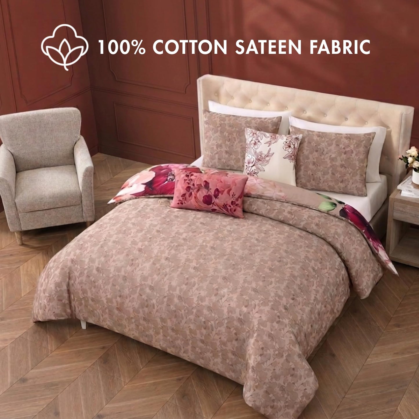 Bebejan Florence King Size Comforter Set - 5 Piece Reversible Bedding Set, 100% Cotton Sateen, Soft & Smooth - All Season Luxury King Comforter Set 1 Comforter, 2 Shams & 2 Pillows (King/Cal King)