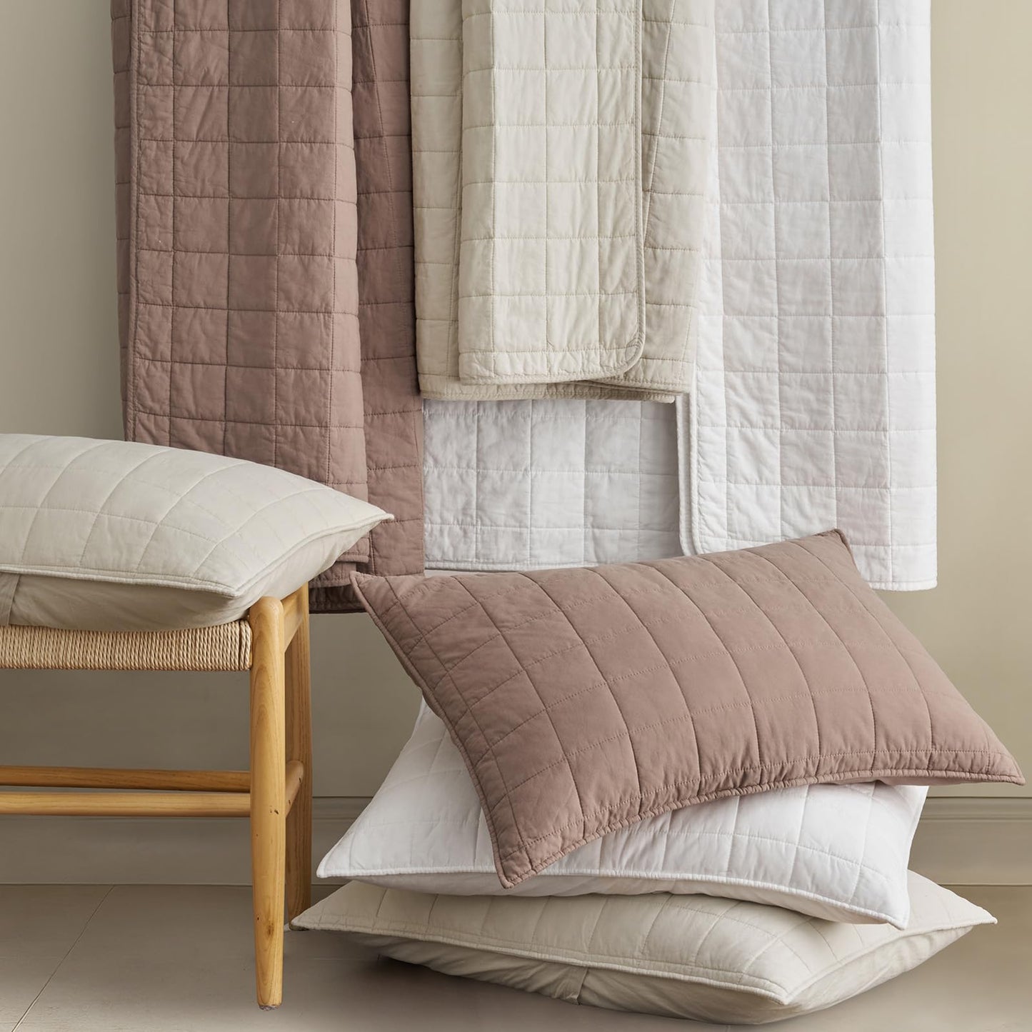 EVERGRACEHOME 100% Cotton Box Stitch Quilt Bedding Set Queen Size 3 Pieces, Garment-Washed Lightweight Soft Cozy Coverlet, Quilted Bedspread Sets with 2 Shams for All Season, Clay