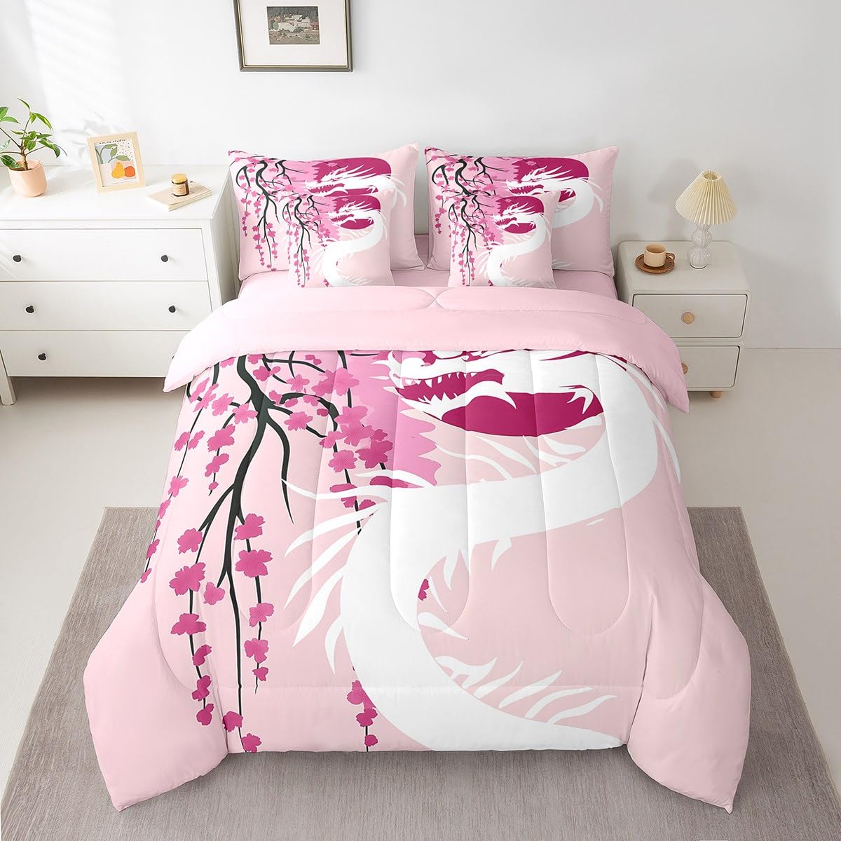 Erosebridal Japanese Ukiyo-E King Comforter Set 7 Piece Sakura Dragon Bedding Set Magical Wildlife Animal Bed in A Bag for Kids Boys Girls,Pink Watercolor Cherry Blossom Flowers Bed Set