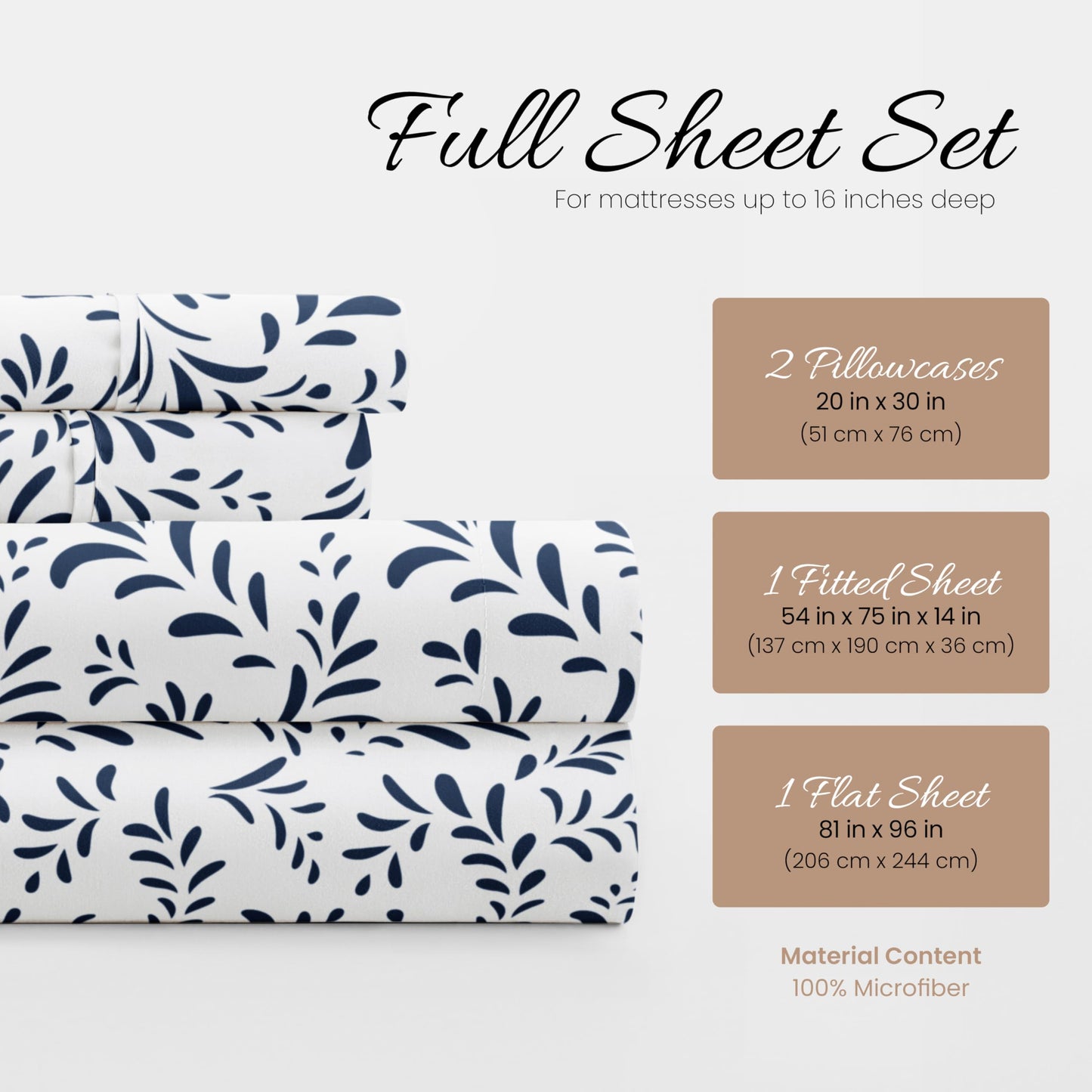 Linen Market Double-Brushed Patterned Microfiber Full Sheet Set 4 Piece – Oeko-TEX Certified Ultra Soft & Wrinkle-Free - 16" Deep Pocket Sheets - Easy Care Full Size - Burst of Vines Navy