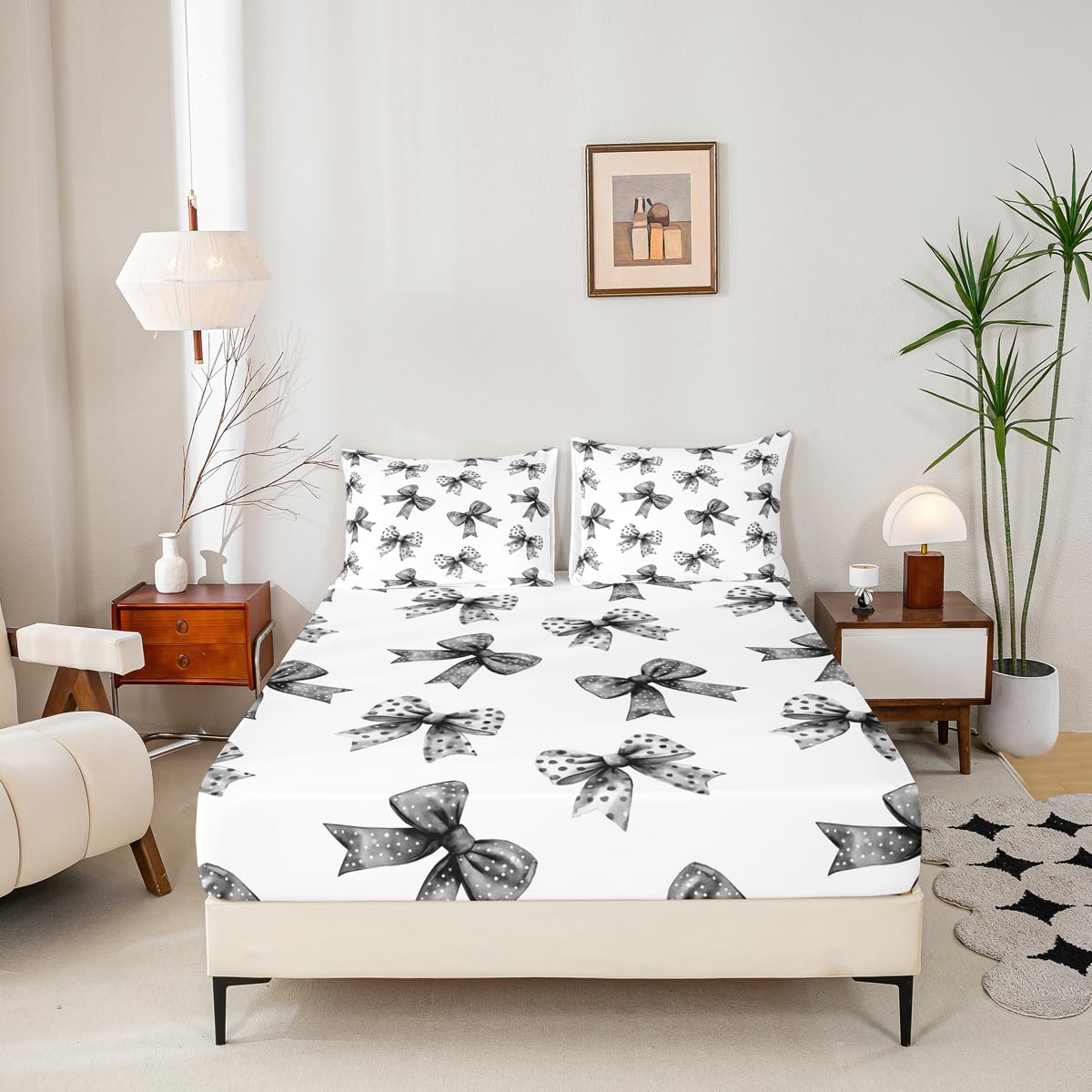 Erosebridal Bow Sheet Set Twin Ribbon Black Bow Bed Sheets Set Coquette Bowknot with Dots Sheets for Boys Girls Dreamy Princess Bowtie Flat Fitted Sheet with 1 Pillow Case