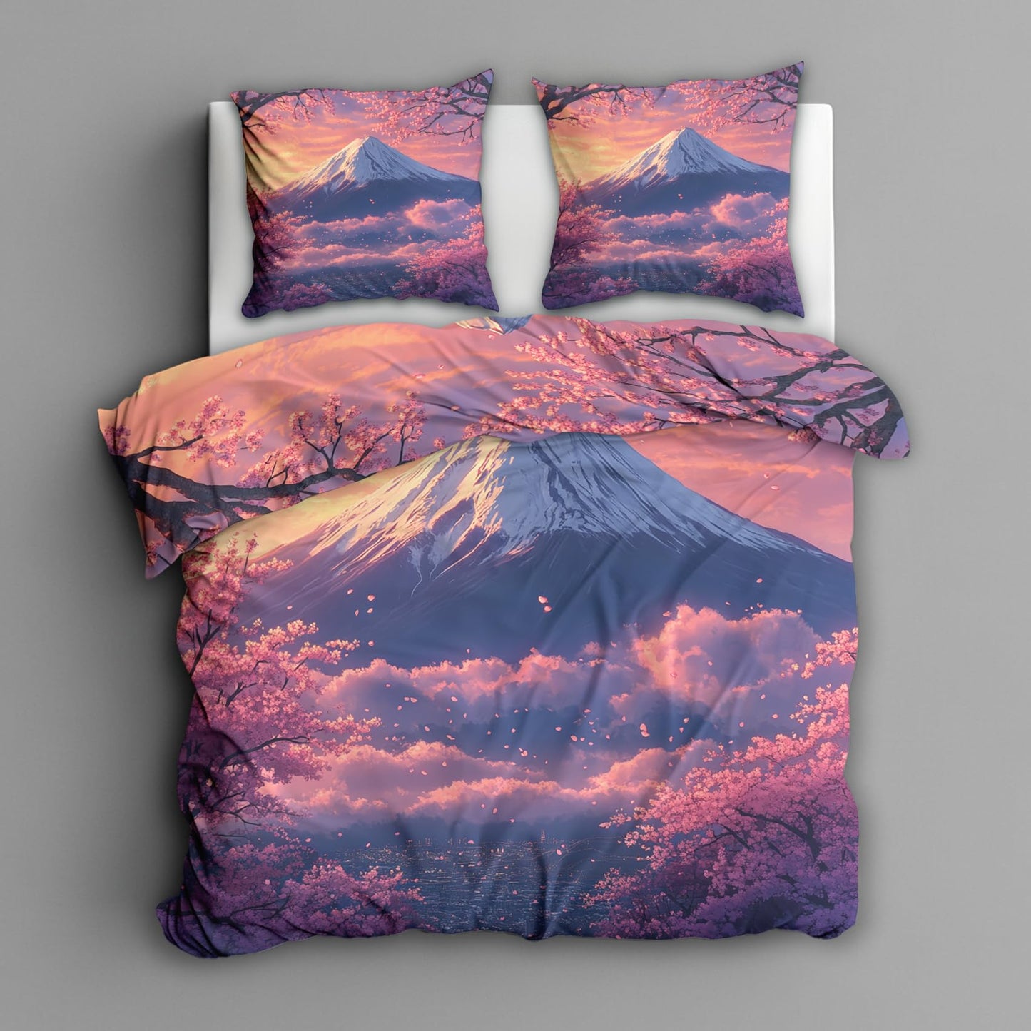 zcwl Japanese Landscape Duvet Cover Oversized King Size | Mount Fuji Bedding Set | 3 Piece | Soft Microfiber Patterned Comforter Cover with Zipper Ties & 2 Pillowcases | Cherry Blossom Bedroom Decor