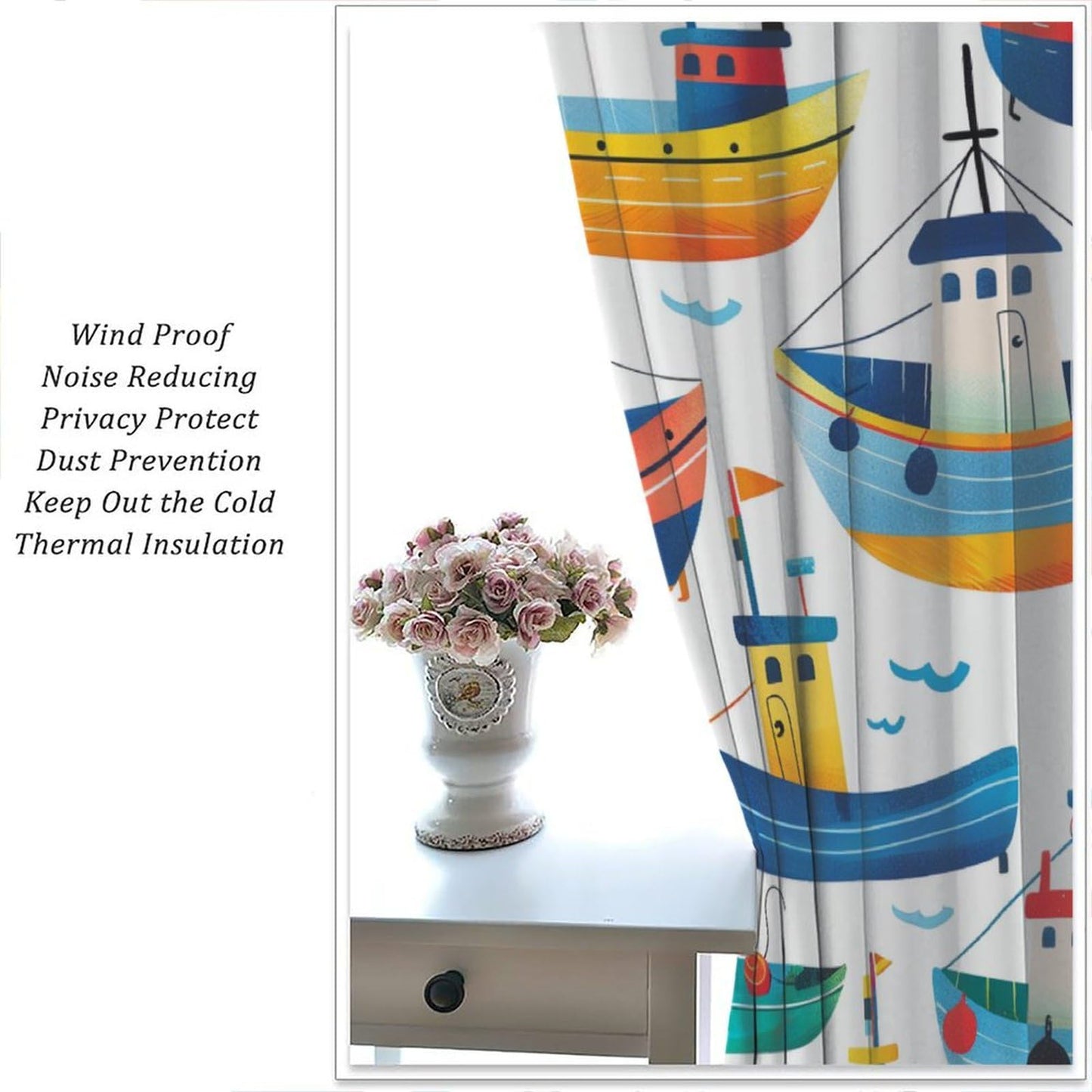 TOWINSFB Cartoon Nautical Boat Blackout Curtains for Living Room Bedroom, Funny Colorful Ocean Ship Window Curtains Rod Pocket Thermal Insulated Window Drapes, 2 Panels, Each 21W x 45L