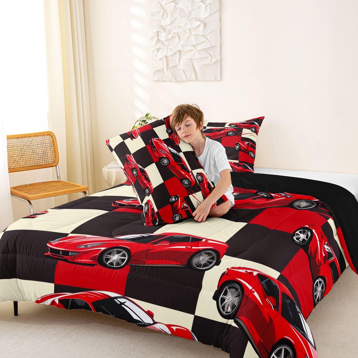 Erosebridal Red Racing Car Full Comforter Set for Boys, Cool Speed Race Car Bedding Set for Kids Youth Men Teens Room Decor, Extreme Sport Comforter, Grid Buffalo Quilt, 3 Piece