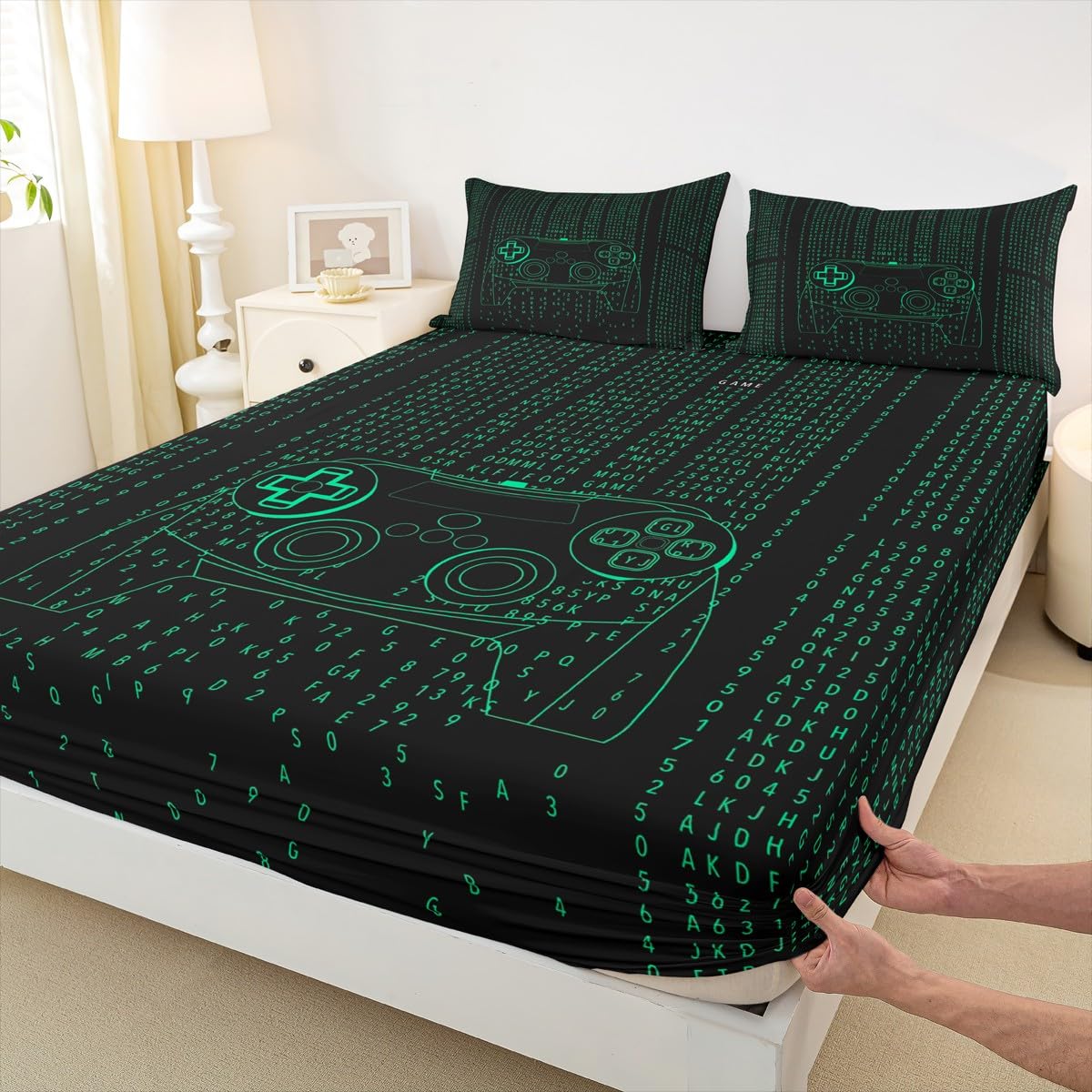 Kids Modern Gamer Bed Sheet Full Size Video Game Controller Fitted Sheet Gamepad Joystick Green Bedding Set for Boys Teens Adult Player Gaming Sheet Set Ultra Soft Room Decoration(No Top Sheet)