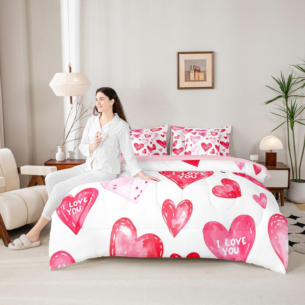 Erosebridal Princess Pink Love Comforter Sets with Sheets - Cute Heart Printed Bedding Set Full for Boys Girls Valentines Day Themed 7Pcs Bed in A Bag Romance Gifts Bed Set