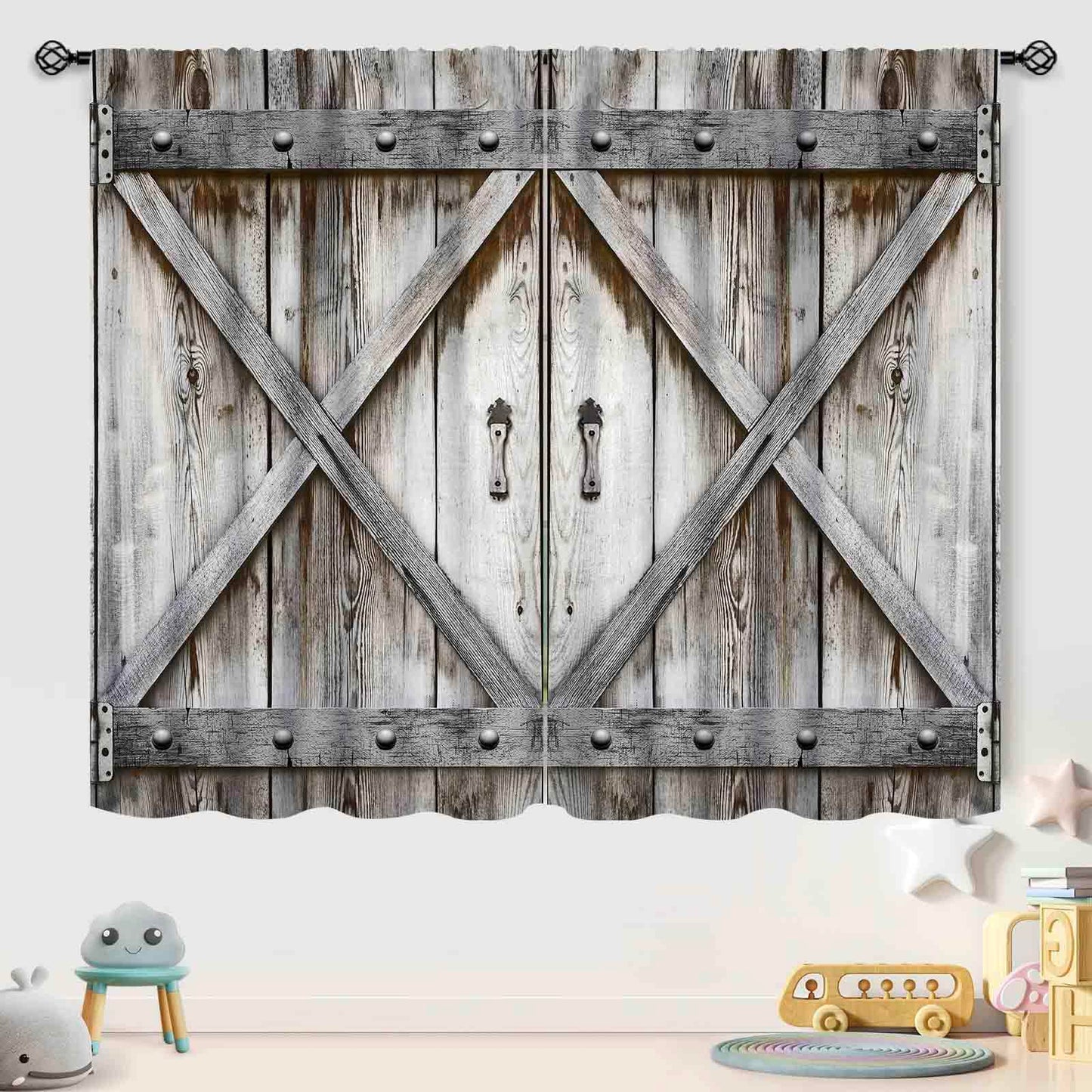 Barn Door Wooden Kitchen Curtains,Rustic Farm Farmhouse Country Retro Rustic Western Cafe Short Tier Curtains Decor for Living Room Garage Cabin Window Drapes 2 Panels,42X45 Inch