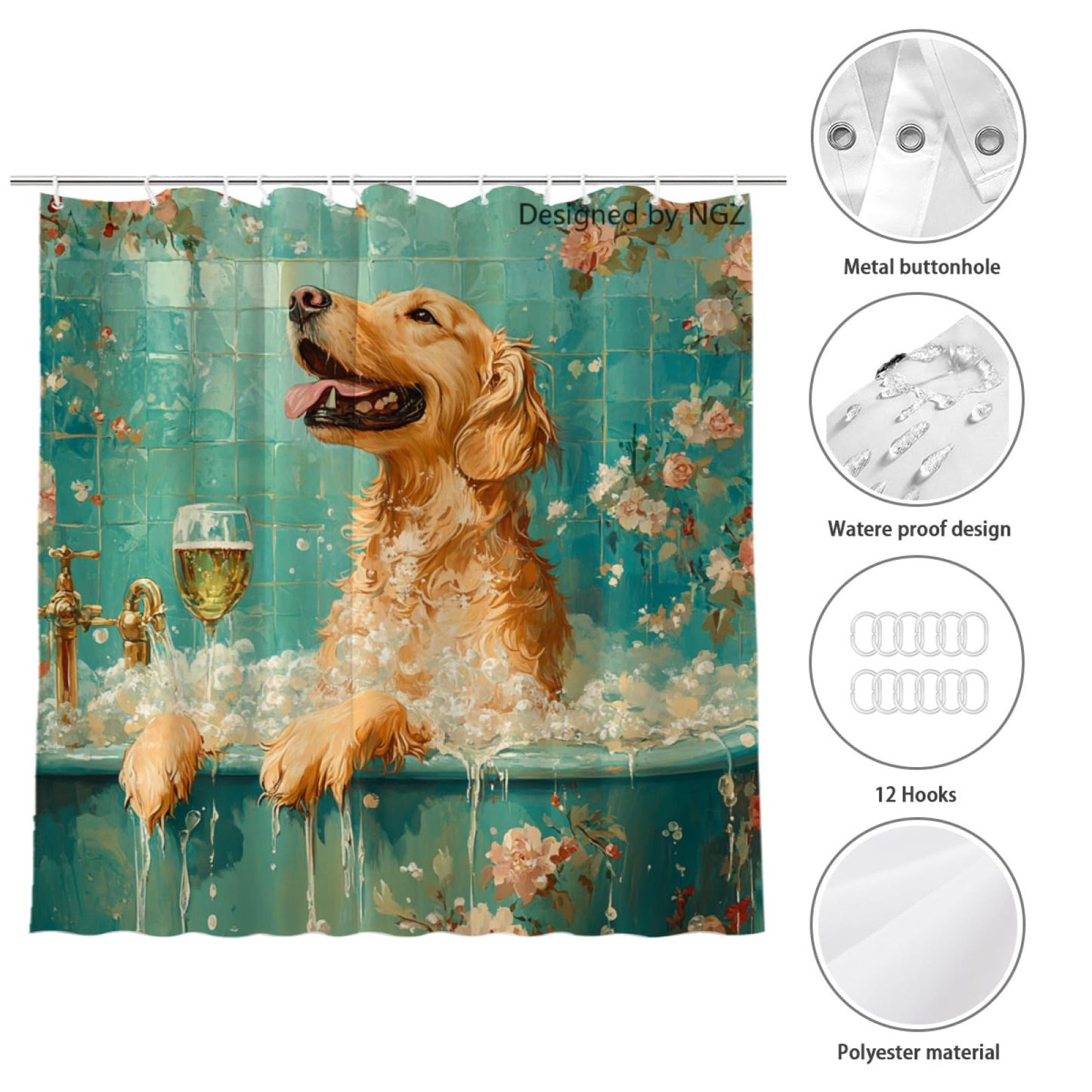 NGZ Funny Golden Retriever Teal Shower Curtain, SPA with Wine, Green Shower Curtain, 72x72 Inches Shower Curtains for Bathroom, Bath Curtains Set with 12 Hooks