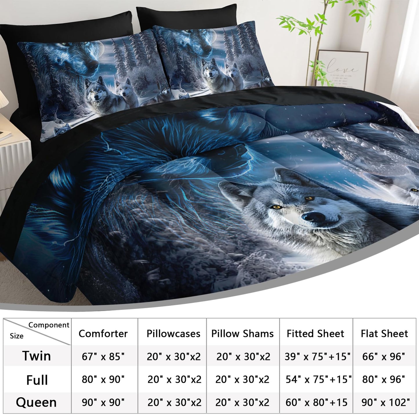 AILONEN Boys Snow Wolf Comforter Set Full 7-Piece Bed in a Bag - Printed Bedding Set for Kids Adults, Safari Animal Comforter, Fitted Sheet, Flat Sheet, 2 Pillowcases, 2 Pillow Shams - Black
