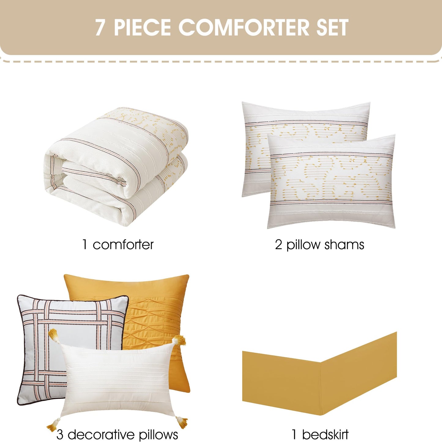 Stratford Park White Yellow Jacquard Comforter Set Queen Size, 7 Piece Striped Bedding Set, All Season Home Decor, Matching Pillow Shams, Bedskirt, Decorative Pillows