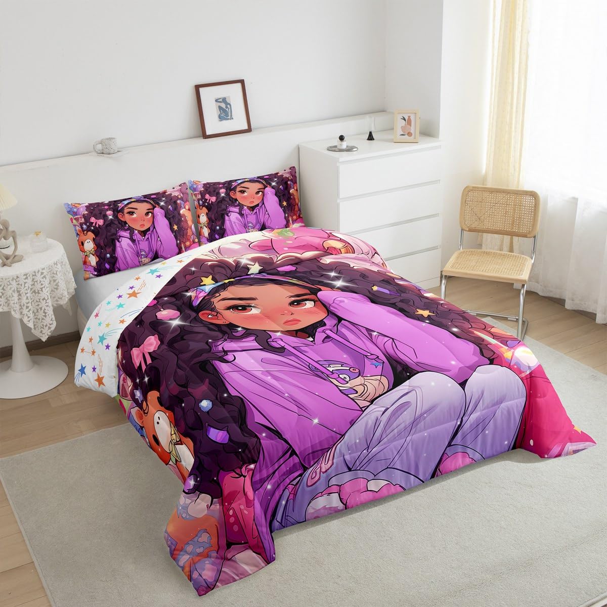 Erosebridal Black Girls Bedding Set Afro Girl Twin Comforter Set for Girls,American African Princess Magical Quilt for Toddler Kids Teenager,Kawaii Room Decor,Purple