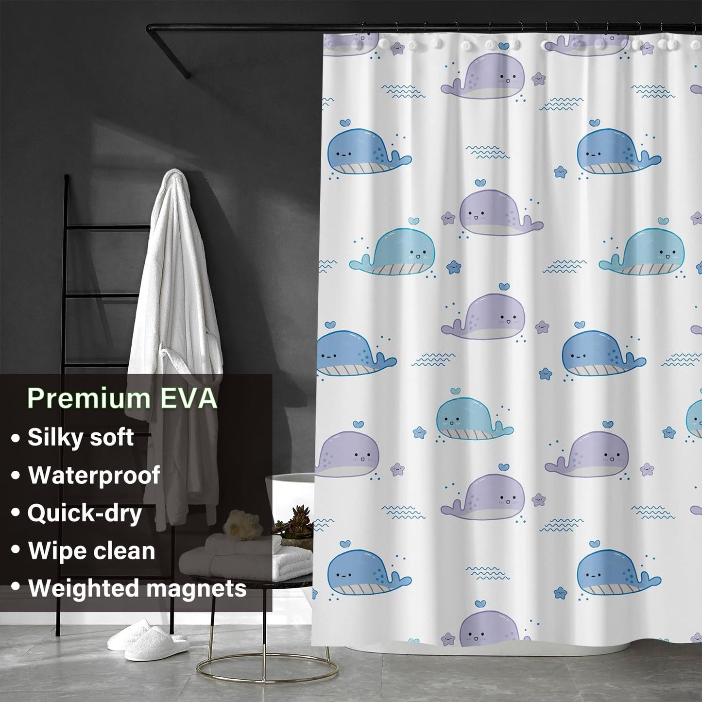 Plastic Shower Liner - Premium EVA 5G Shower Curtain Liner with Rustproof Grommets and 3 Weighted Magnets, Waterproof Shower Curtains for Bathroom (Baby Whale, 72" x 72")